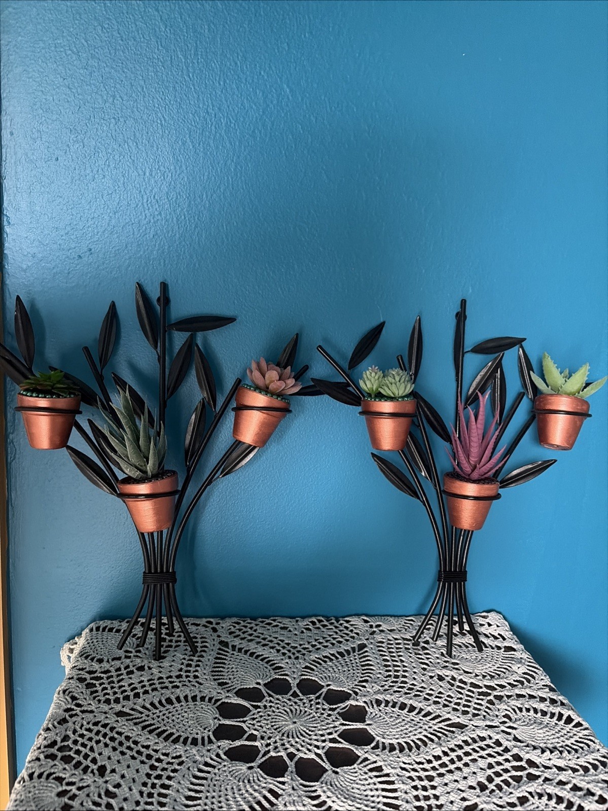 Set of Two Wall Candle Decor with 6 Artificial Succulents Hanging Plants