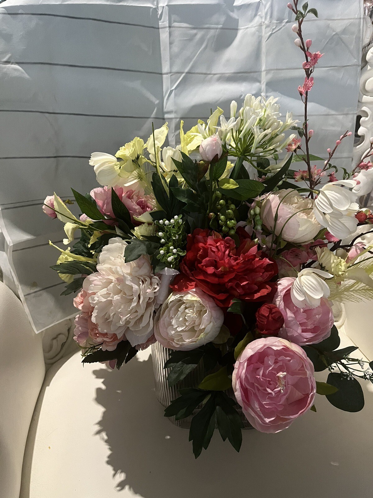 Custom made Lush Luxurious flower arrangements In a Mid century Ribbed Vase