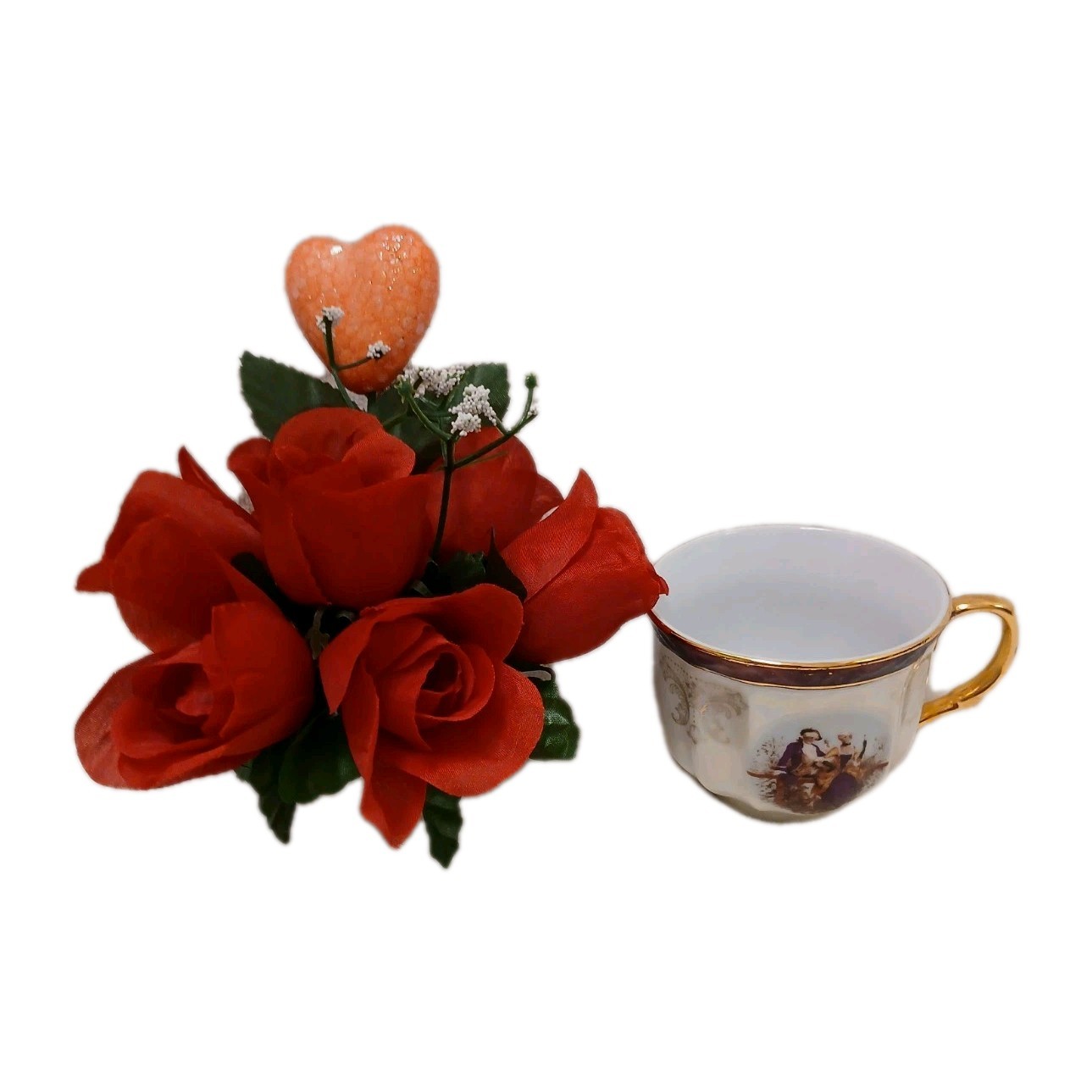 Red Rose Floral Arrangement Tea Cup POP-IN Sparkle Heart Bridal Valentine Love