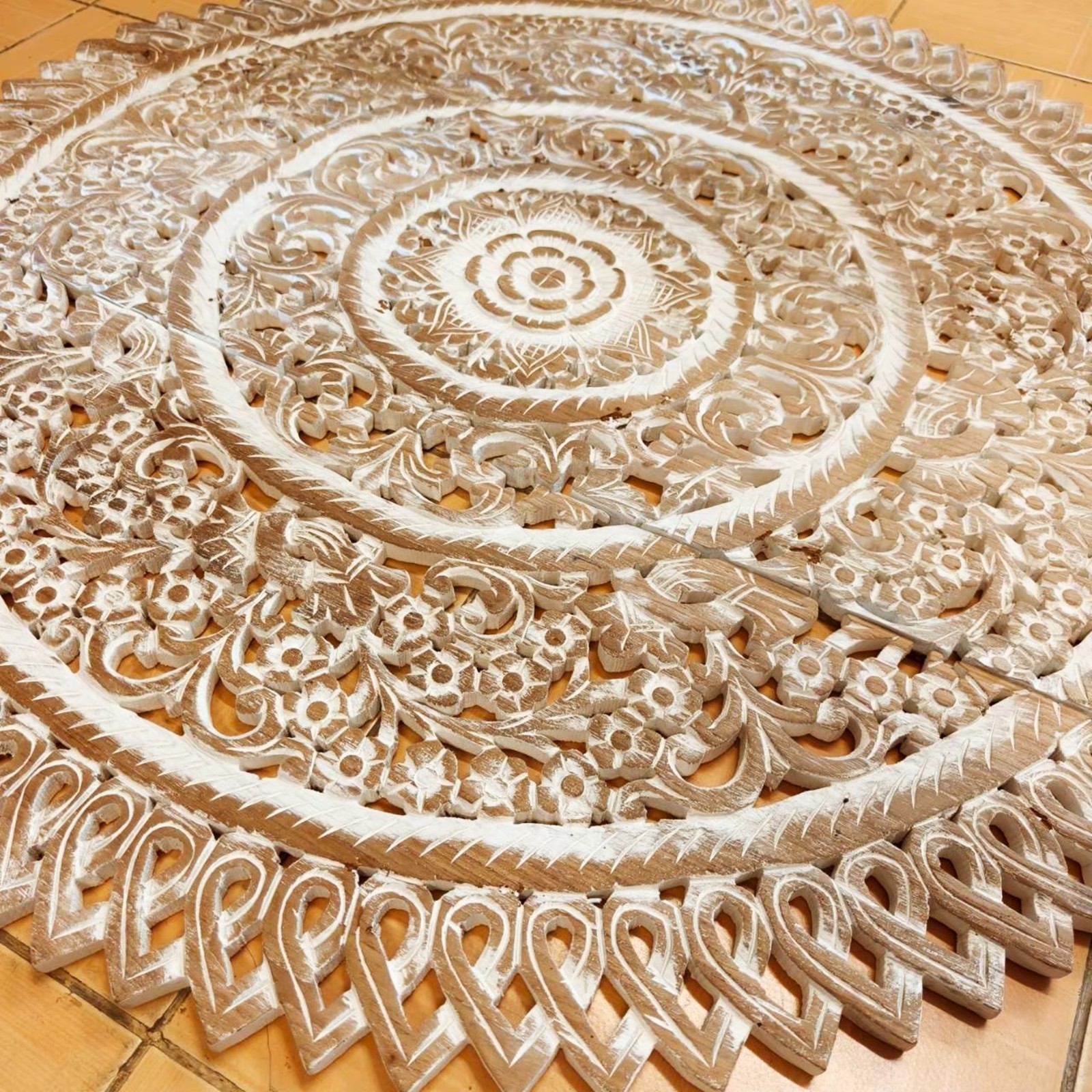 36″ Large Round White Mandala Wood Carving Wedding Decor Nursery Coastal Living