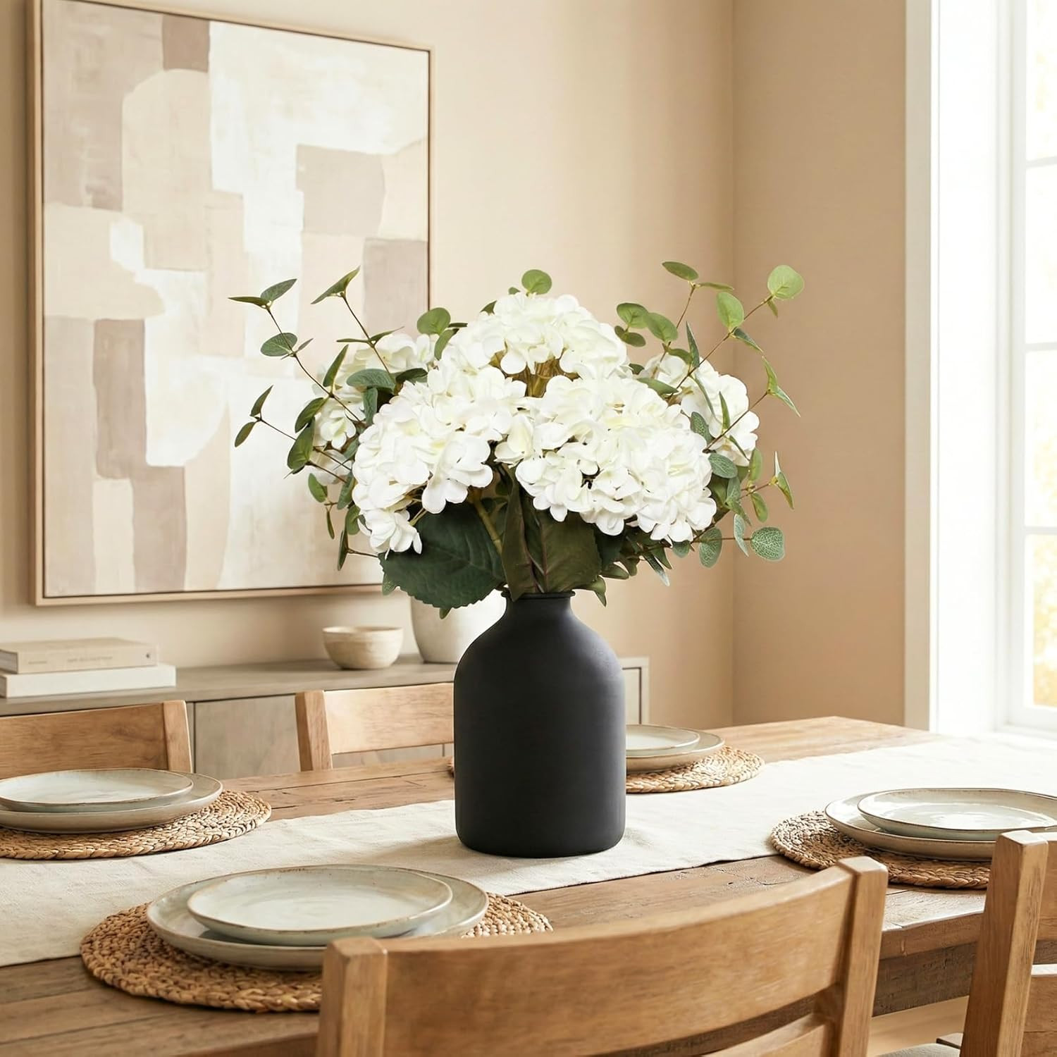 Real Touch White Faux Hydrangea and Eucalyptus Arrangement, Faux Floral Arrangem