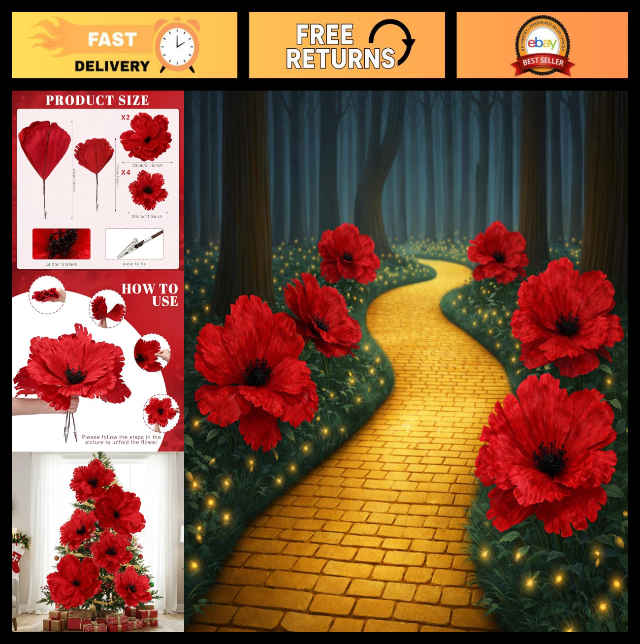 6 Pcs Red Velvet Poinsettia & Magnolia Flowers – Witch Party Decor, Wedding, Bir