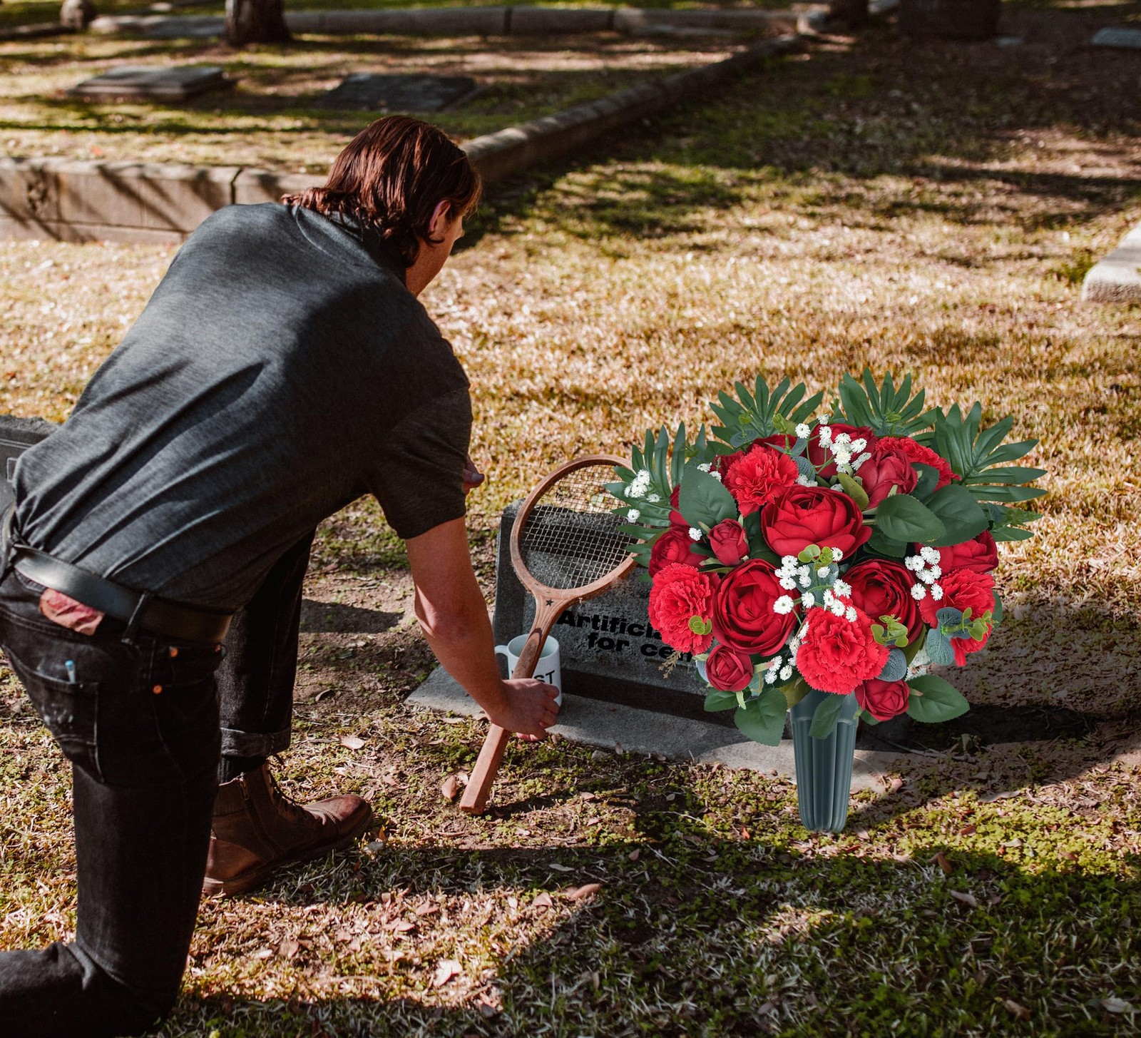 Artificial Cemetery Flowers with Vase for Grave Decorations,Rose Camellia Car…