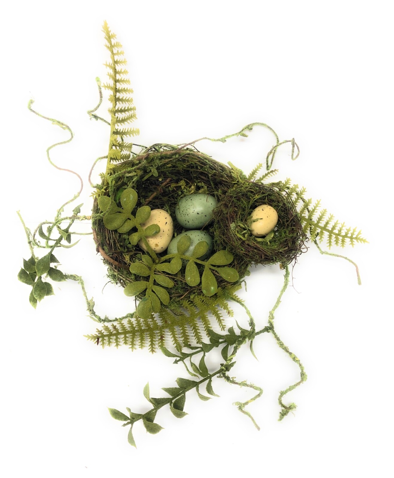 Artificial Moss Covered Twig Double Bird Nest with Fern and Vine Accents.eggs