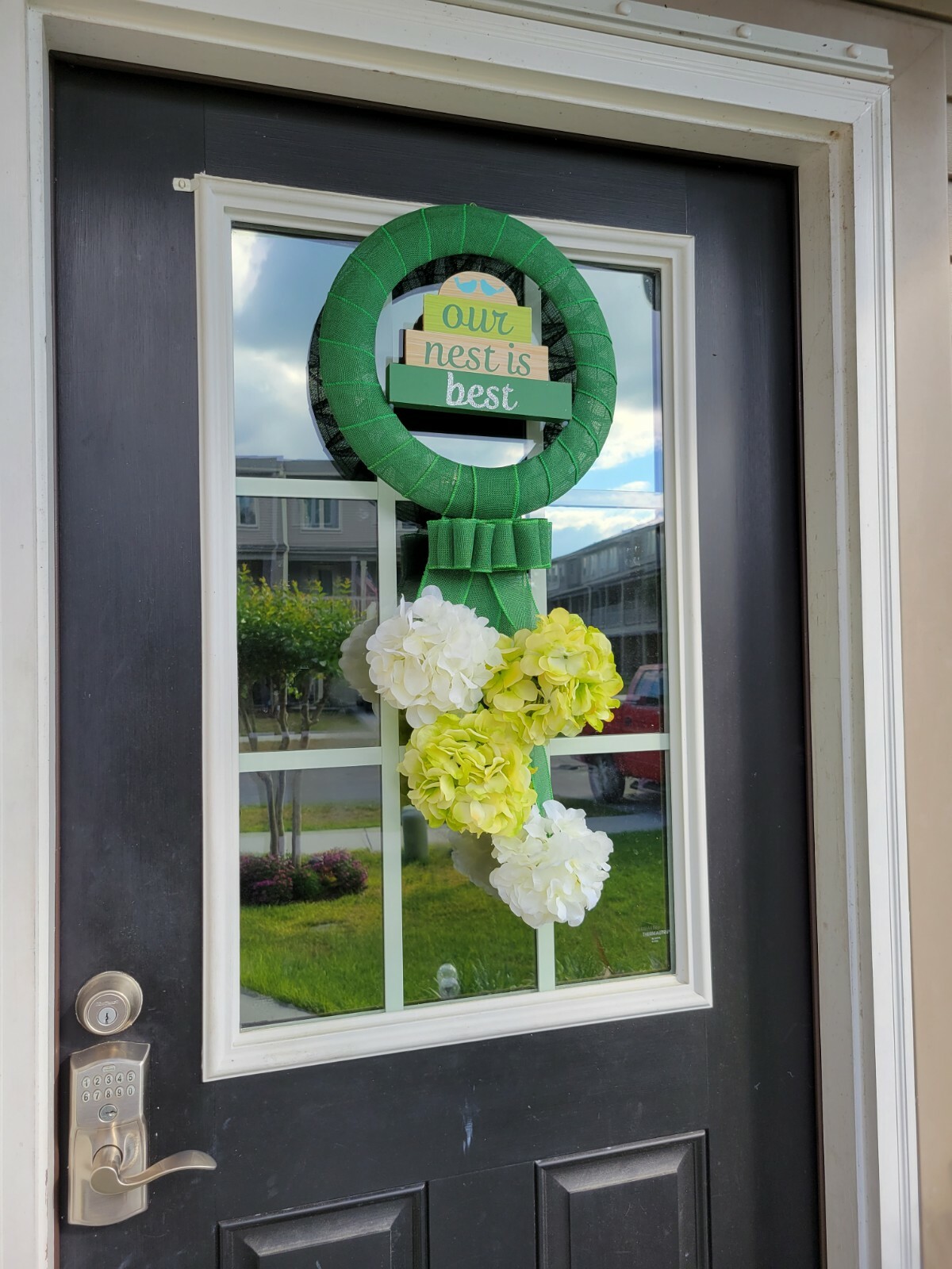 OUR NEST IS THE BEST wreat WHITE GREEN Hydrangeas burlap Decor Front Door SUMMER
