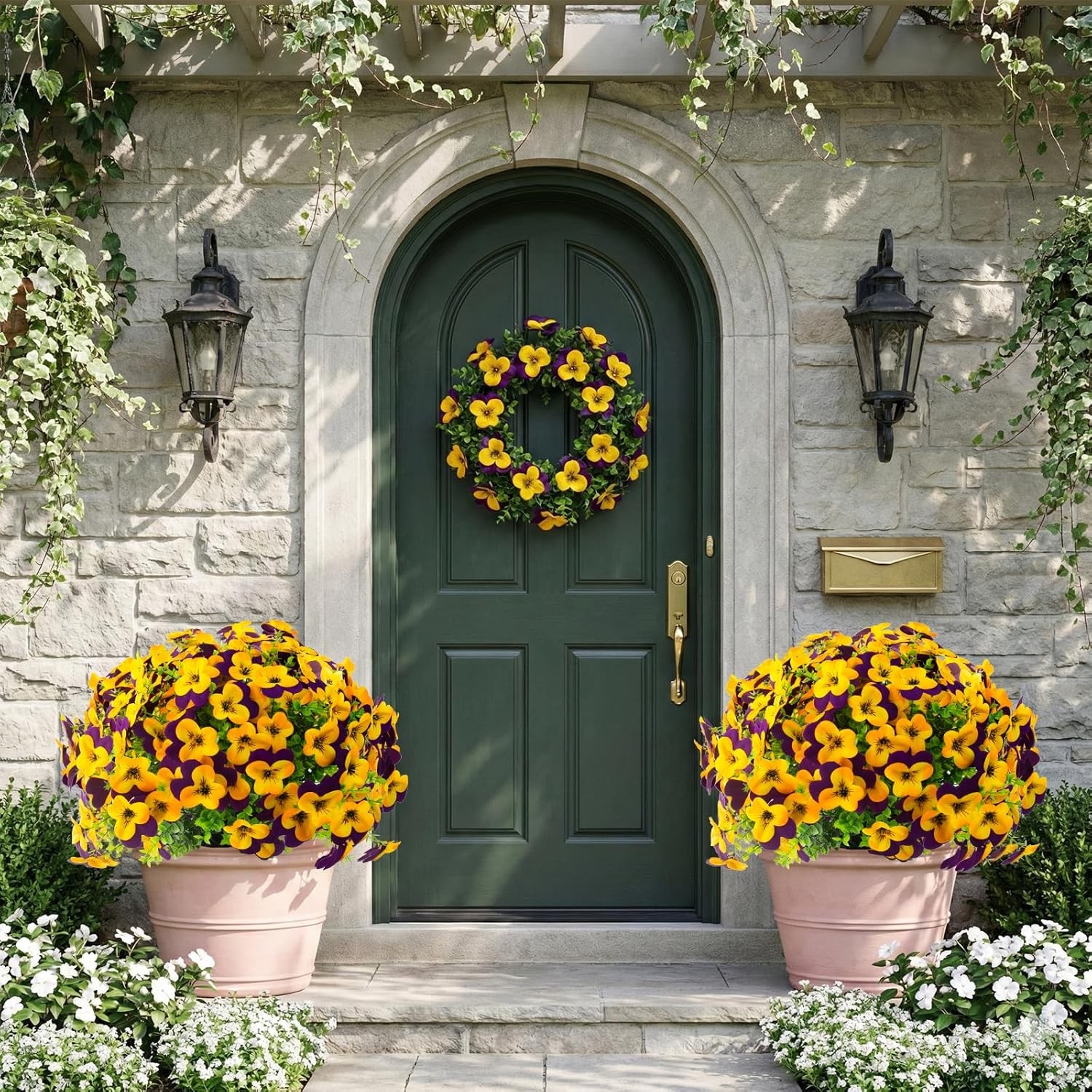 16 Pcs Artificial Pansy Flowers for Outdoors Yellow Faux Silk Spring Flowers for