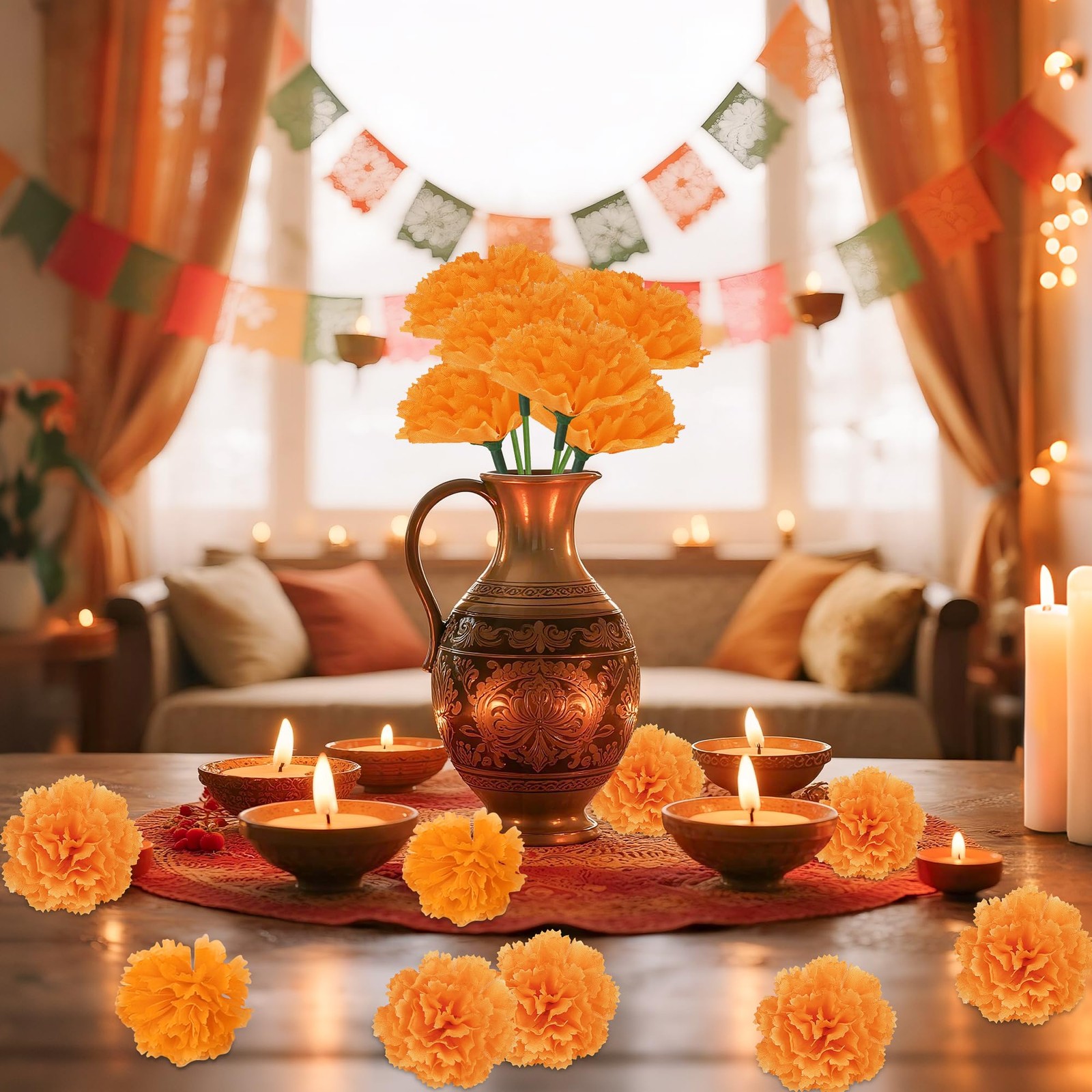 50 Pcs Artificial Marigold Flowers,2″ Silk Marigold Flower Heads with Stems,O…