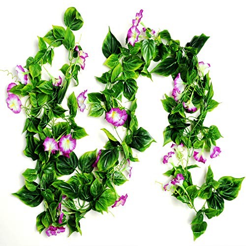 Artificial Morning Glory Flower Vines, 2pcs 15Feet Hanging Plants Silk Purple