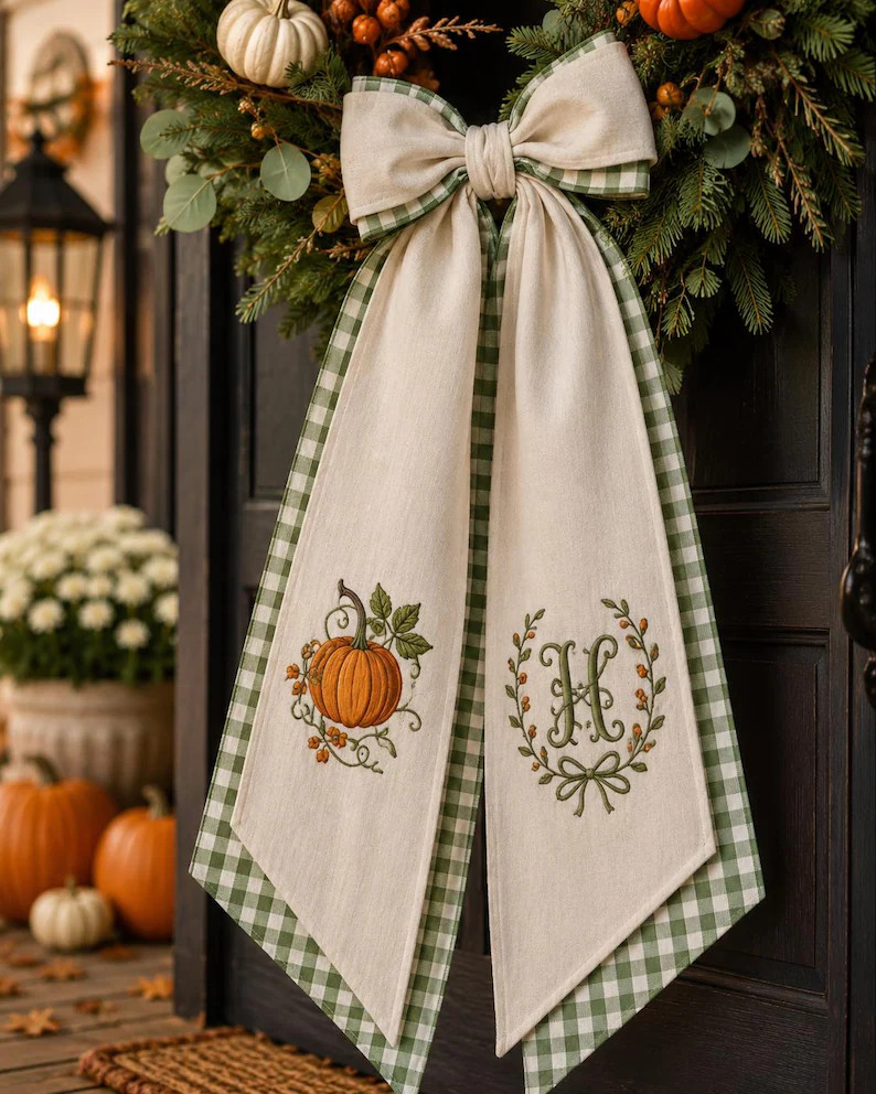 Custom Embroidered Monogrammed Pumkin Halloween Thanksgiving Fall Wreath Sash