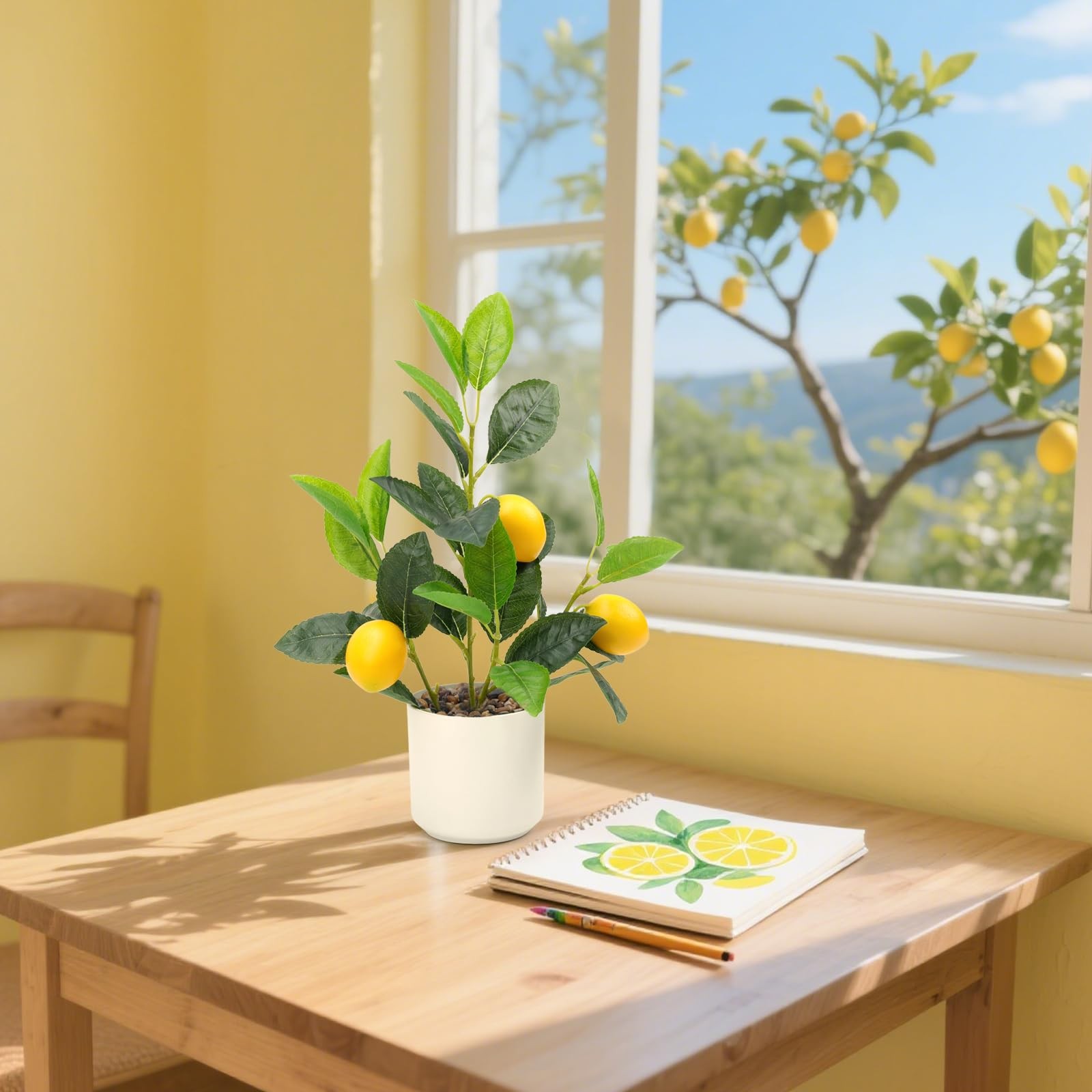 14.5 Inch Artificial Yellow Lemon Plant White Pot Faux Branch Desk Decor