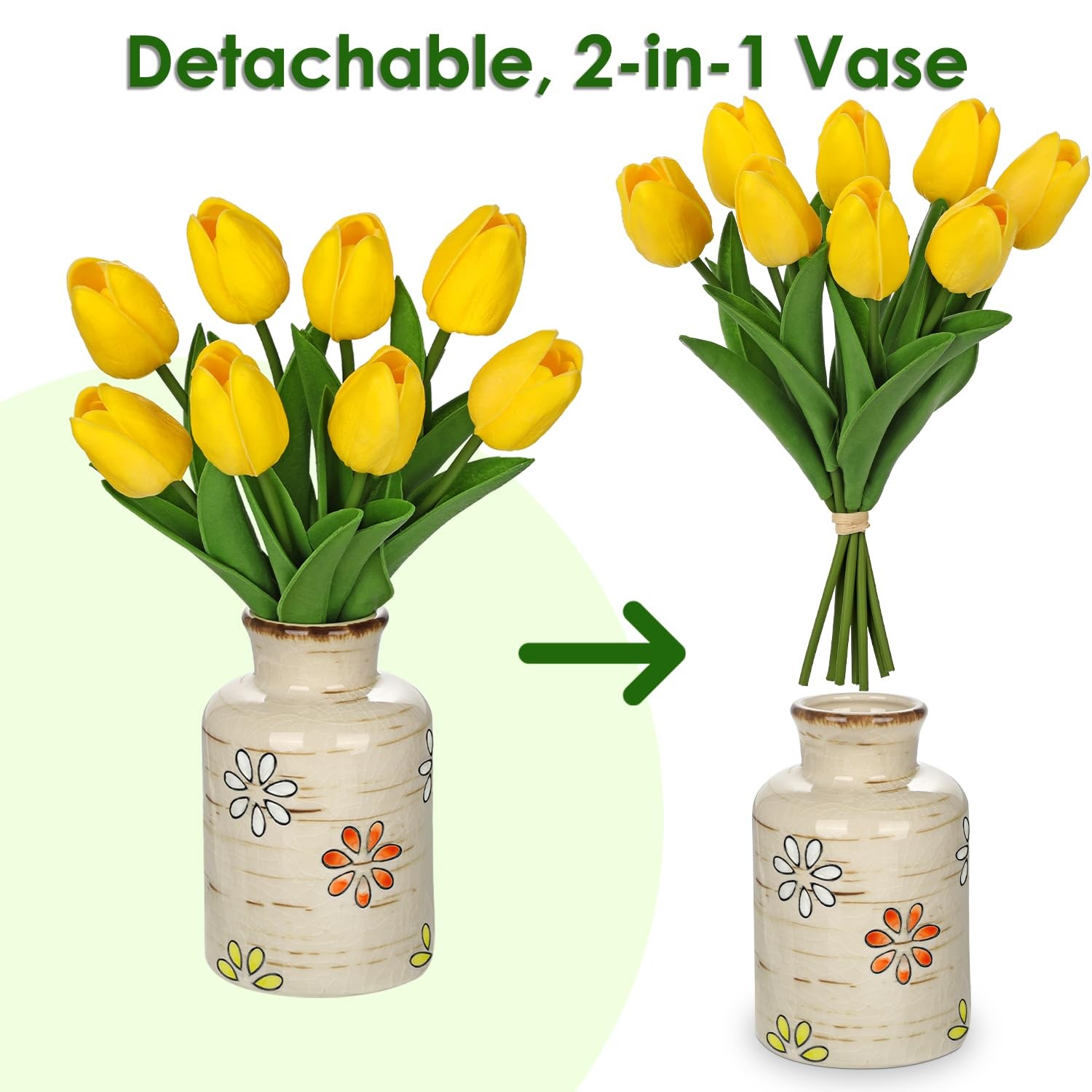 10.6 inch Artificial Tulips in Ceramic Vase, Real Touch Fall Faux Yellow Tuli…