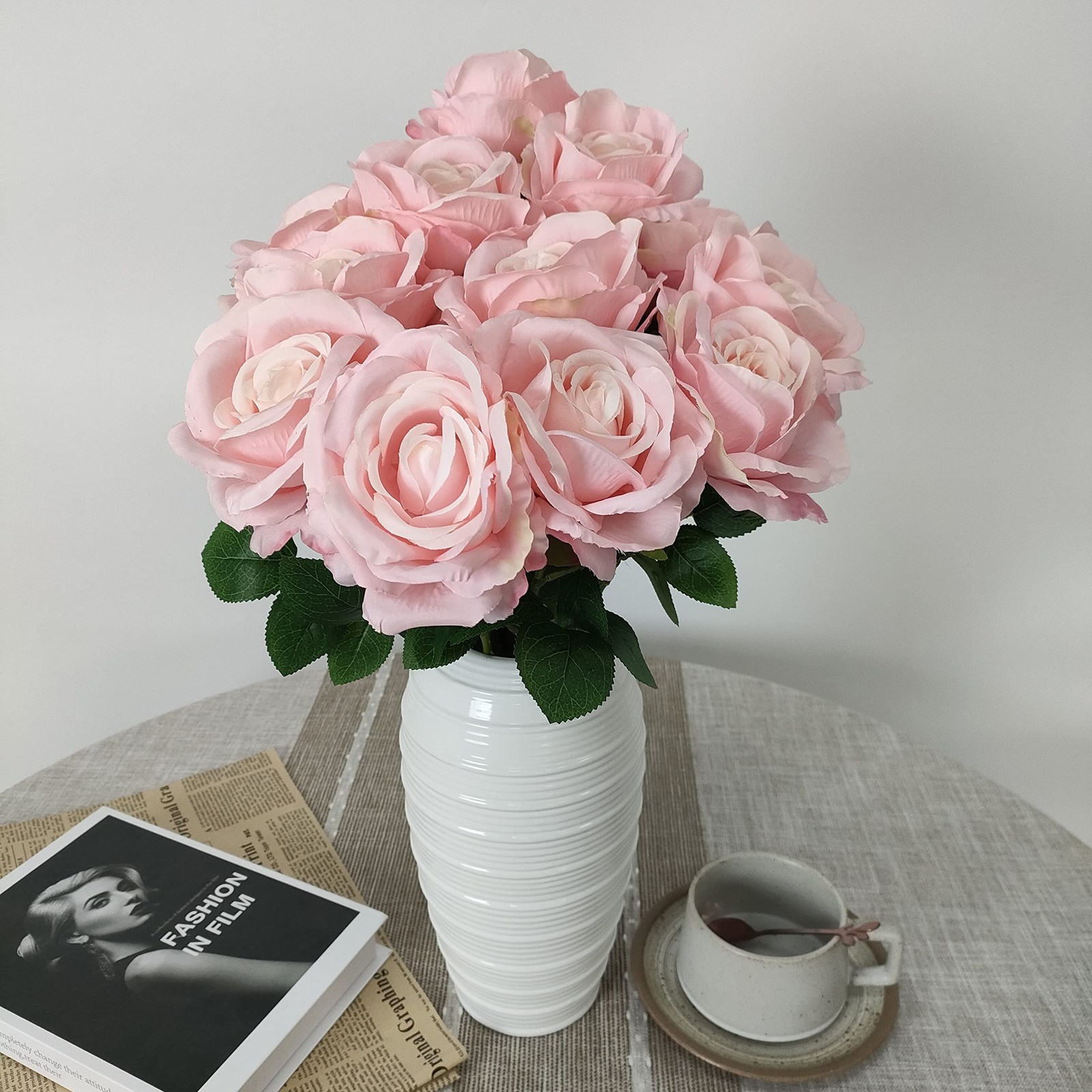 12 Pcs Light Pink Roses Artificial Flowers, Faux Baby Pink Flowers Bulk,Flora…