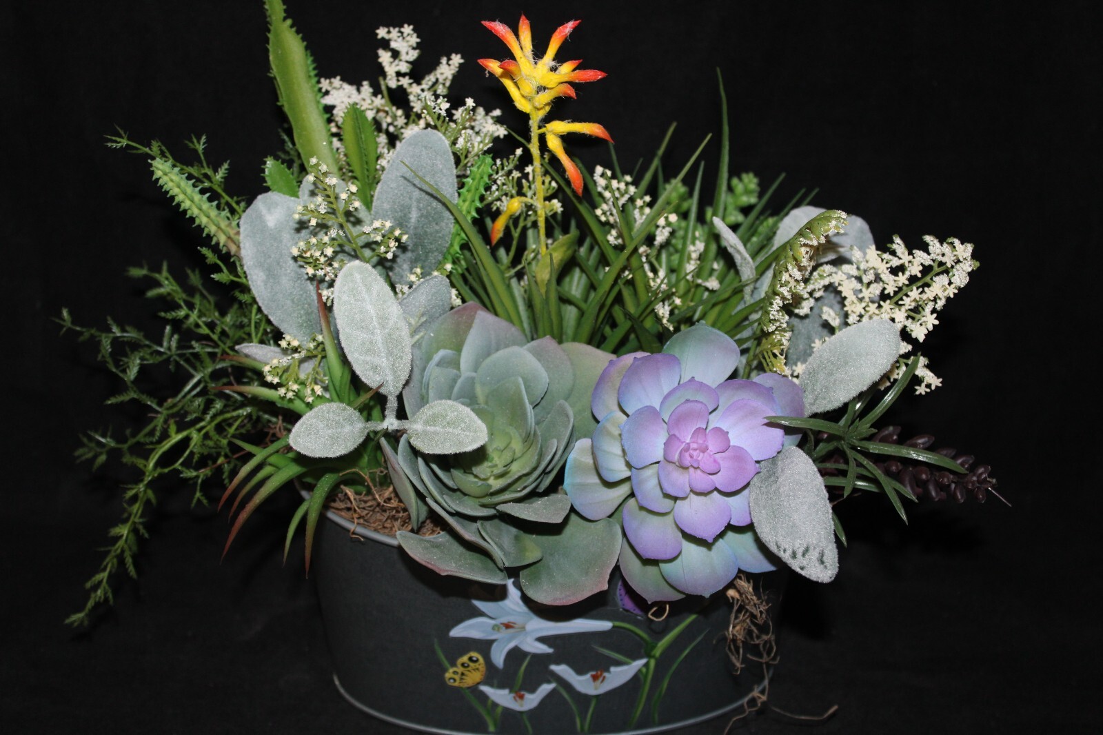 Mixed Artificial Succulent Arrangement in Garden Metal Planter