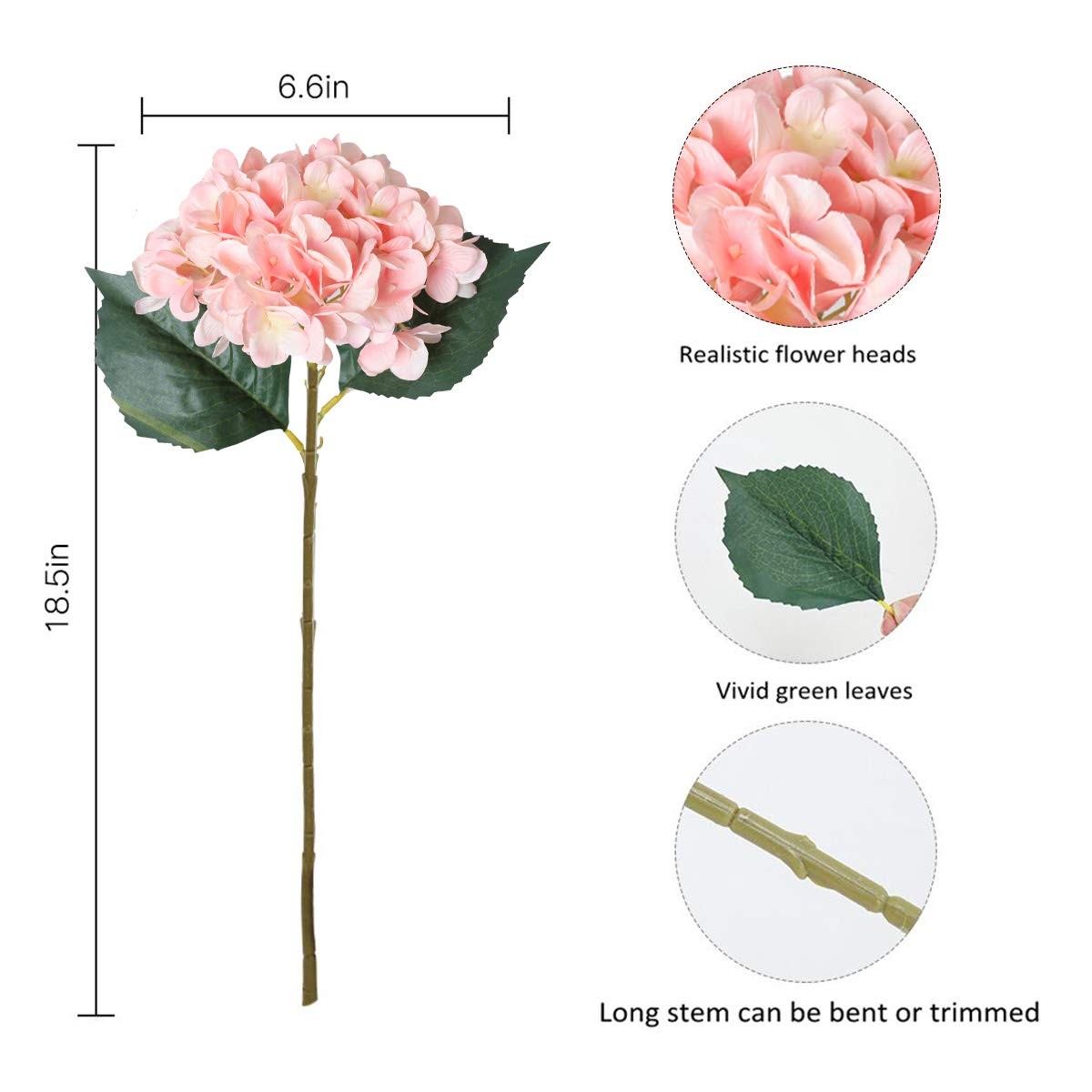 Pink Hydrangea Artificial Flowers – 5 pcs Realistic Single 18.9 in Long Stem …