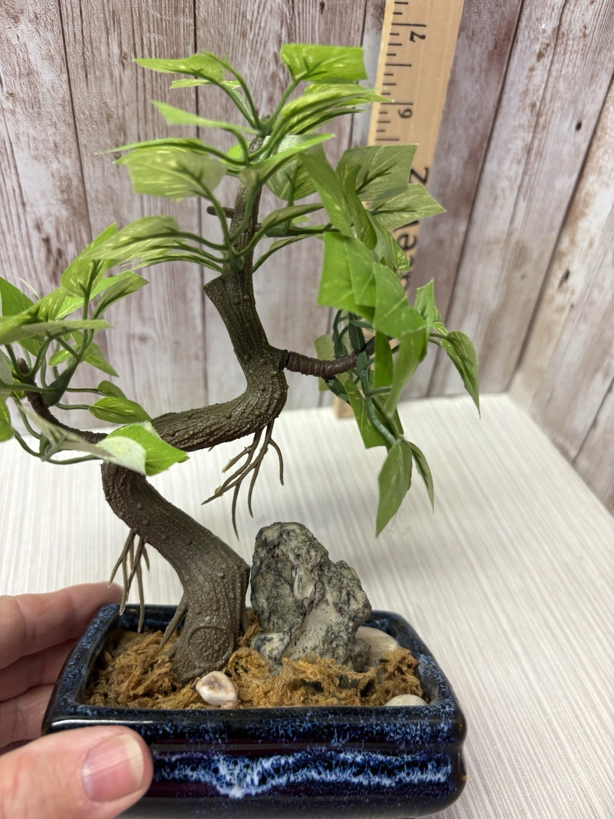 Artificial Bonsai Tree 8” Faux Plant In Vintage Blue 4×3 Pot FREE SHIPPING
