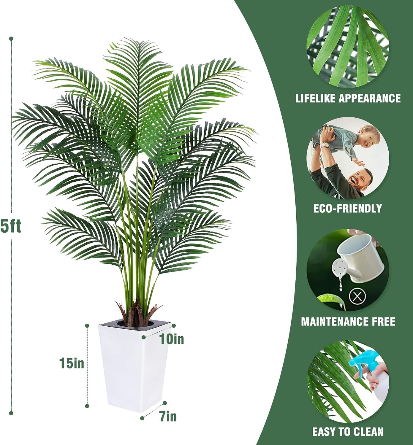 Artificial Palm Tree with White Tall Planter, 5Ft Tall Potted Artificial Silk Pa