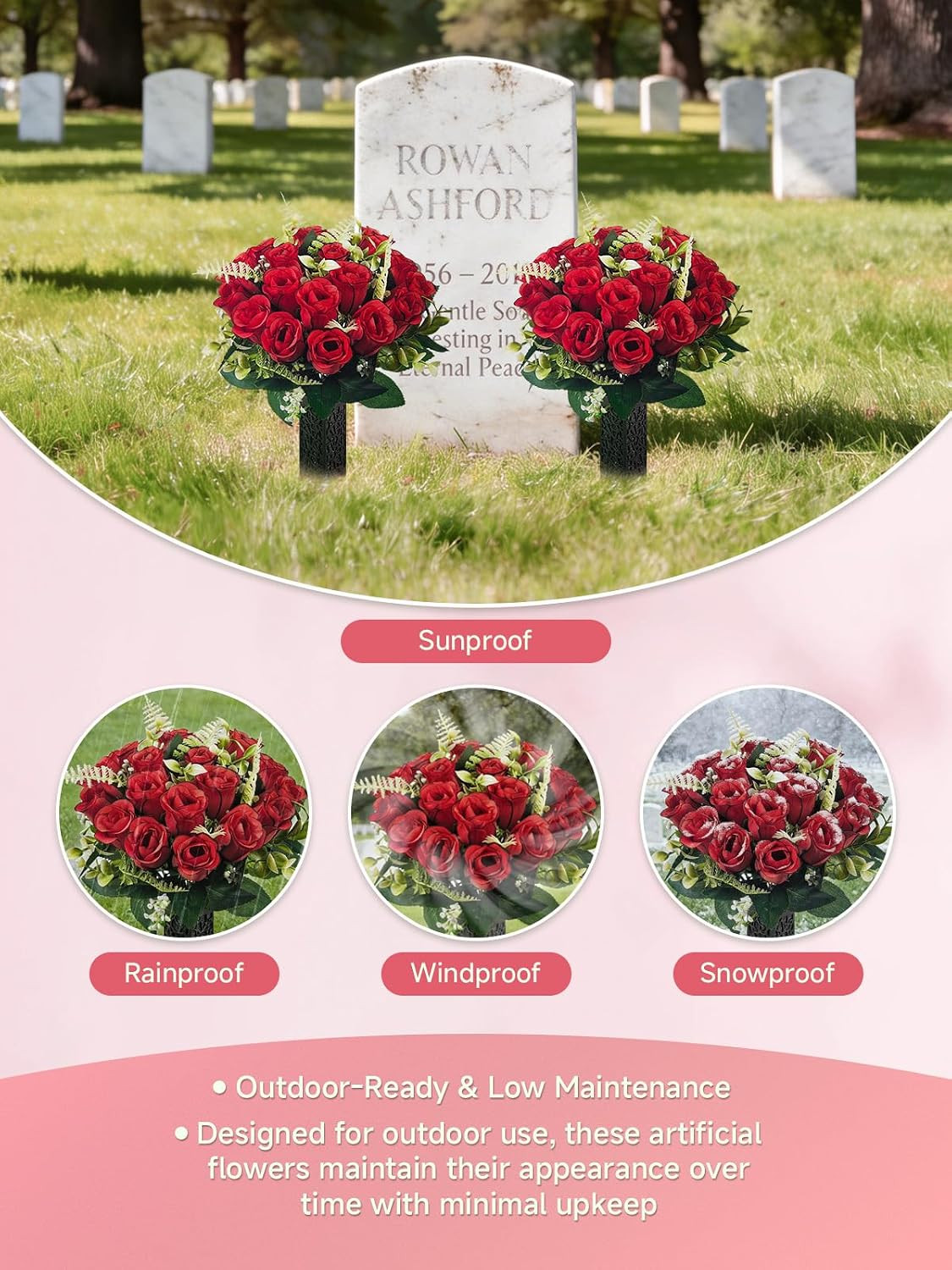 2 Pack Cemetery Flowers for Grave with Spiked Vases, 18-Stem Red Artificial Rose