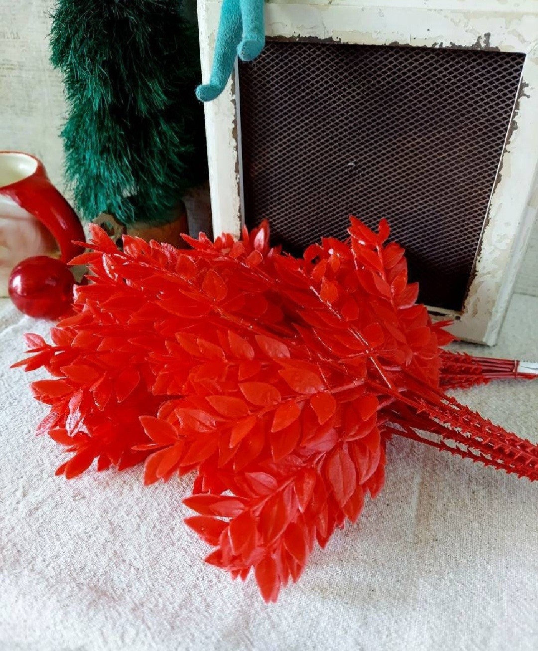 Vintage Red Leaf Faux Floral Arrangement Stems Set Of 12