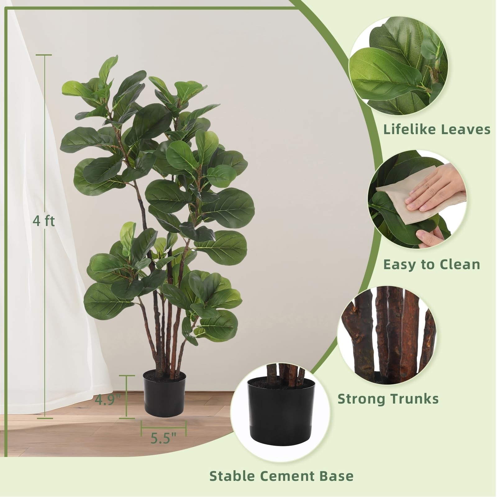 Faux Fiddle Leaf Fig Tree, 4 Ft Artificial Ficus Lyrata Plant with 72 Fiddle …