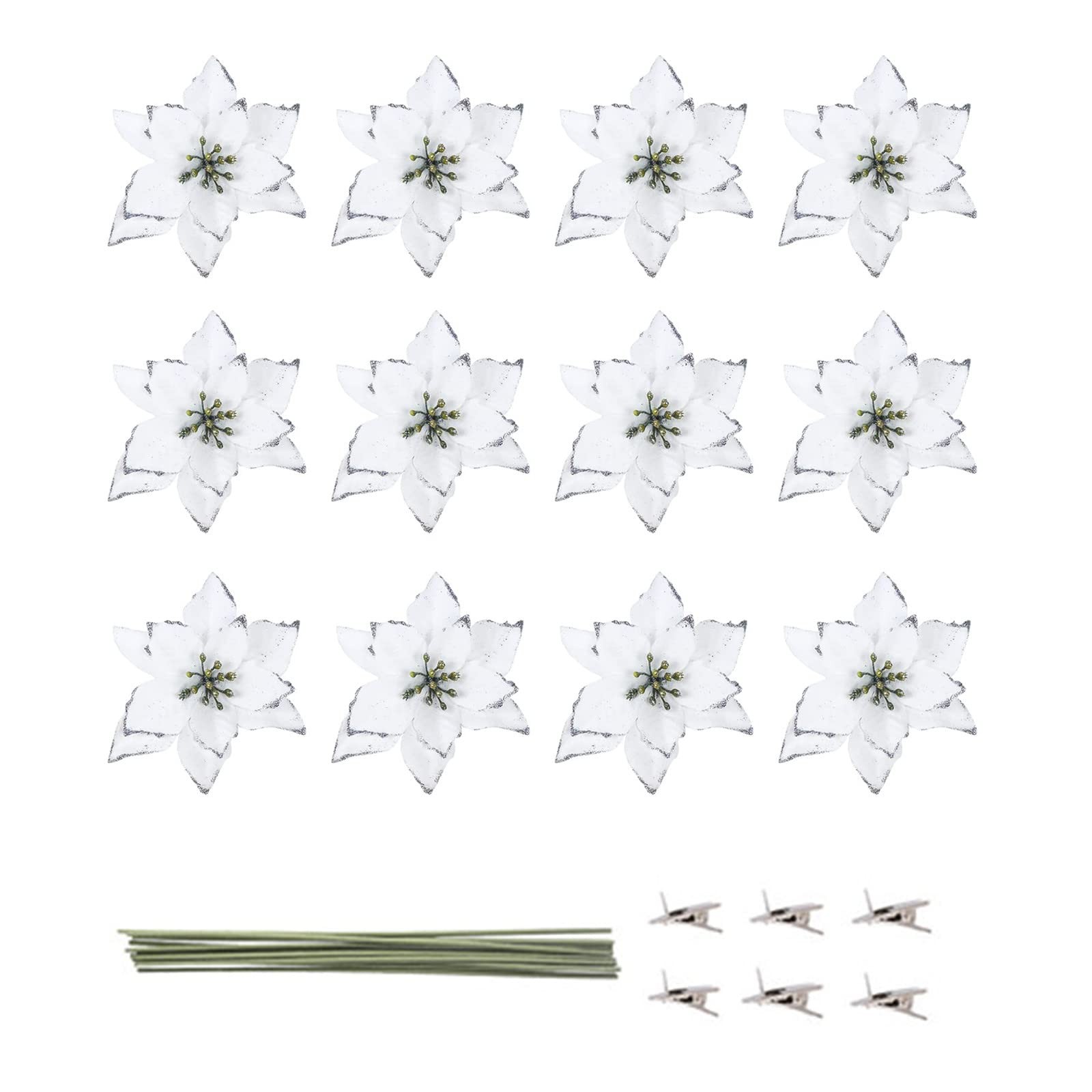 12 Pack White Glitter Poinsettia Ornaments, Christmas Tree, Flowers, Decor,Clips