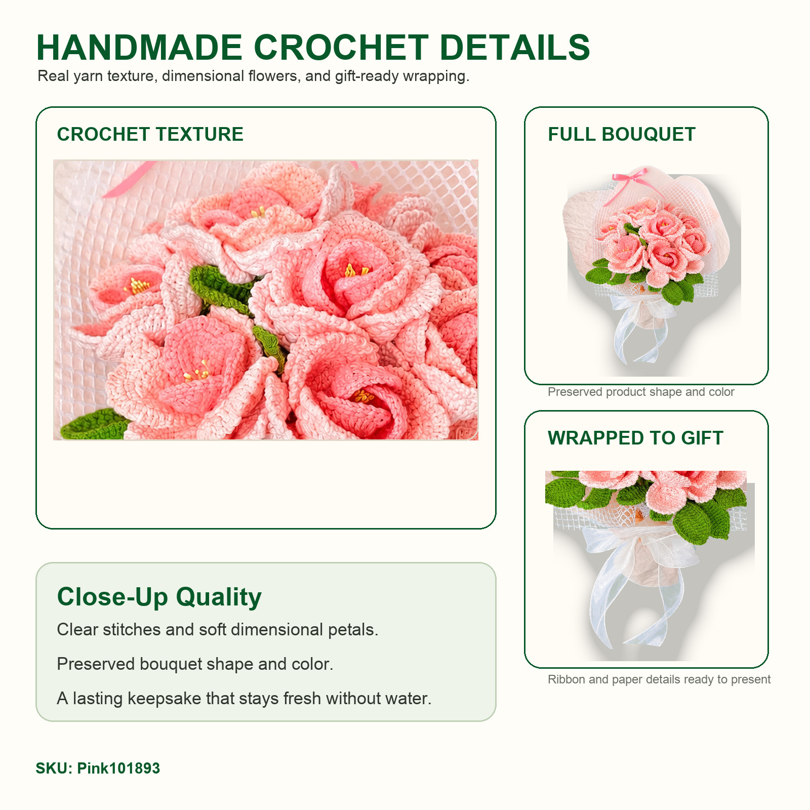 Pink Crochet Rose Bouquet Wedding Anniversary Gift for Her