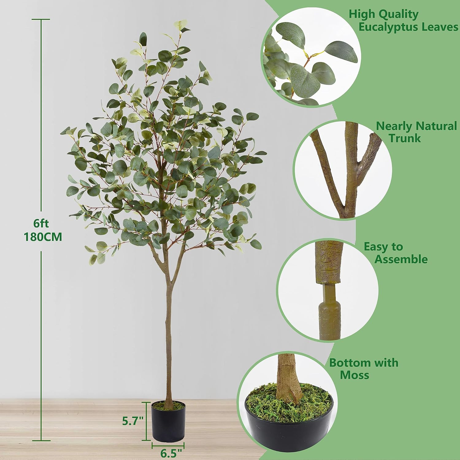 6Ft Artificial Eucalyptus Tree with Basket – Faux Green Silk Leaves Decor