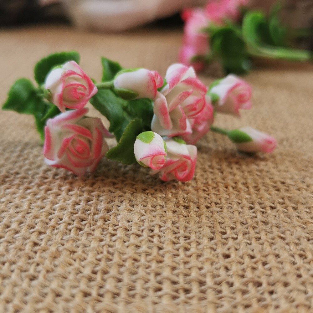 Bloom White Rose Pink Edges Flower Miniature Dollhouse 3 Bunches Flowers Decor