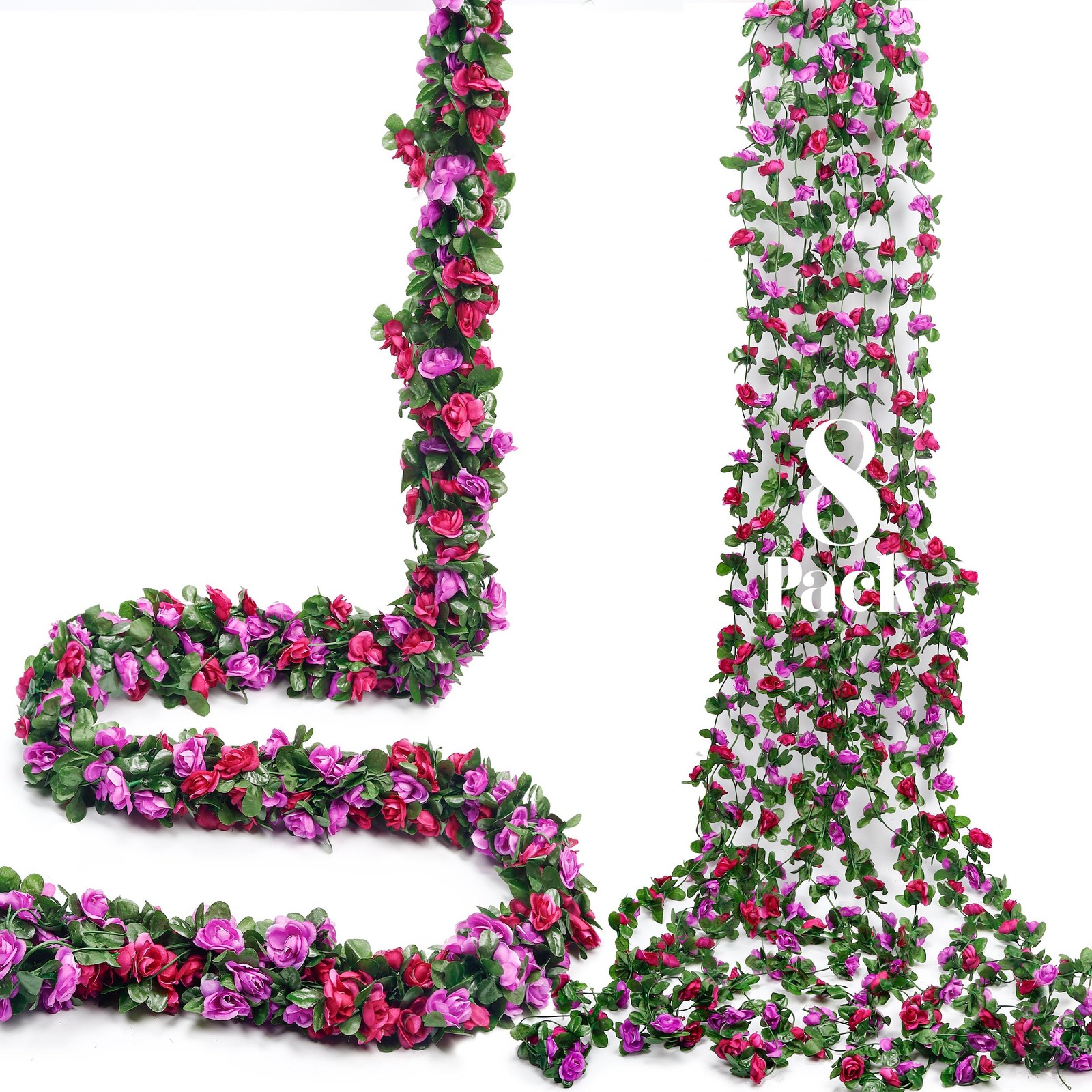 8Pcs 66FT Purple Flower Garland, Artificial Rose Floral Vines Fake Hanging Sp…