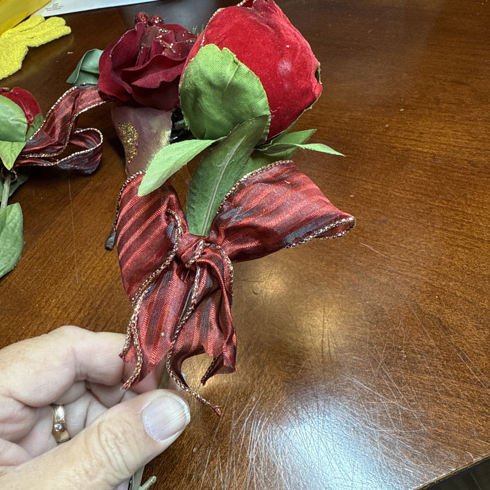 3 Pcs Faux Velvet Rose Flowers W/ Bows Christmas Pier One VTG Home Decorating