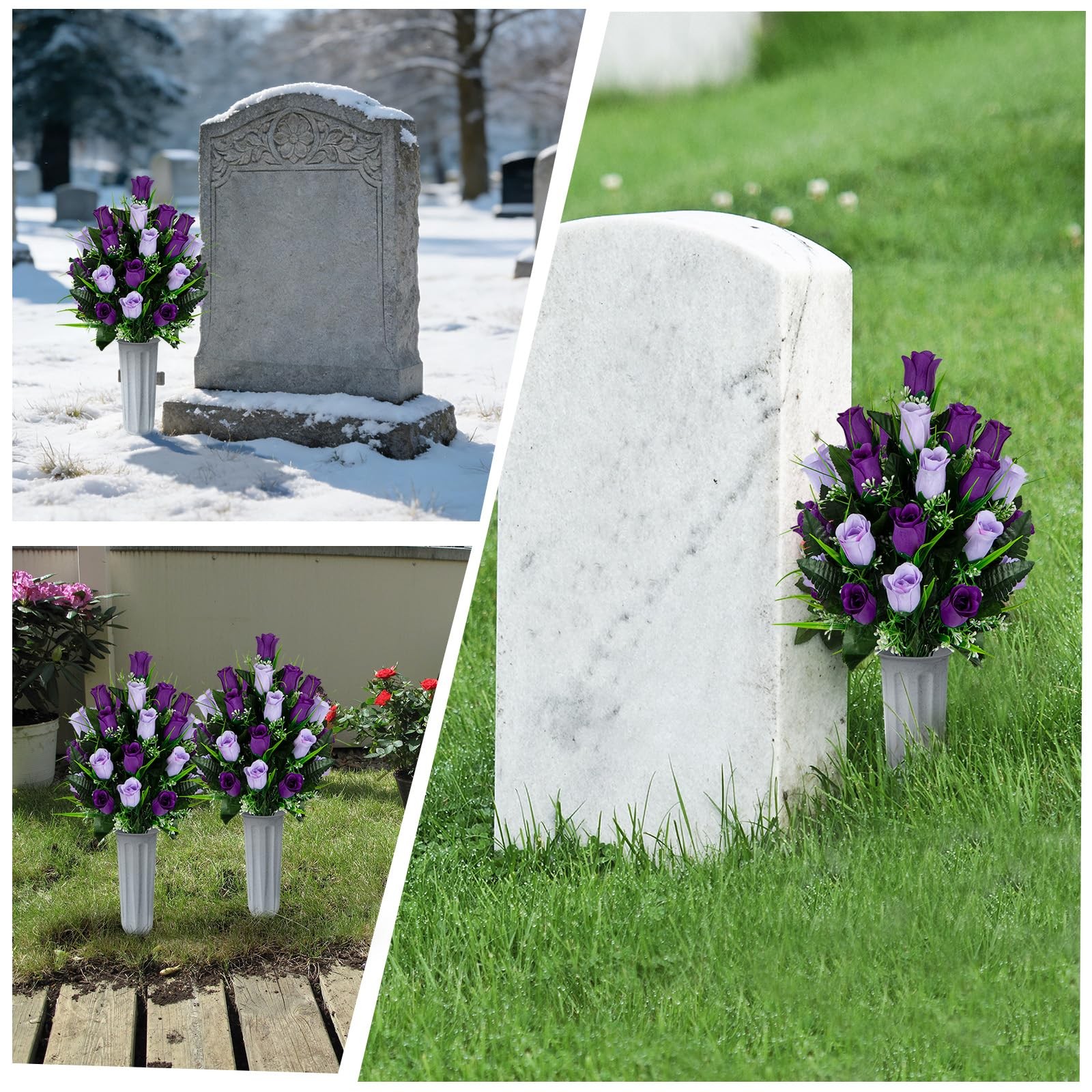 Artificial Cemetery Flowers – Set of 2 Grave Memorial Rose Flowers with Vase …