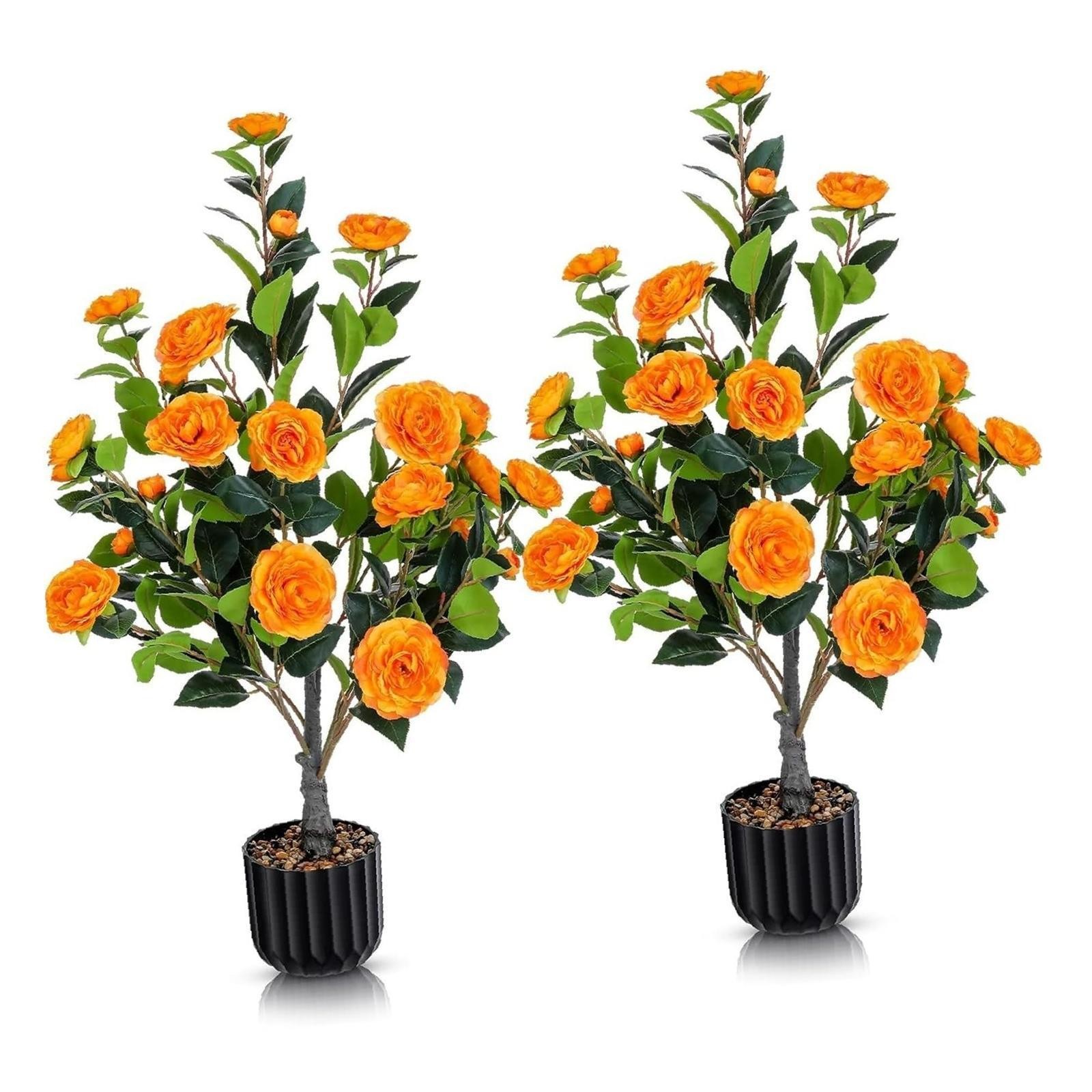 Set of 2 Faux Trees 36” with Orange Floral Accents – , No-Maintenance Indoor