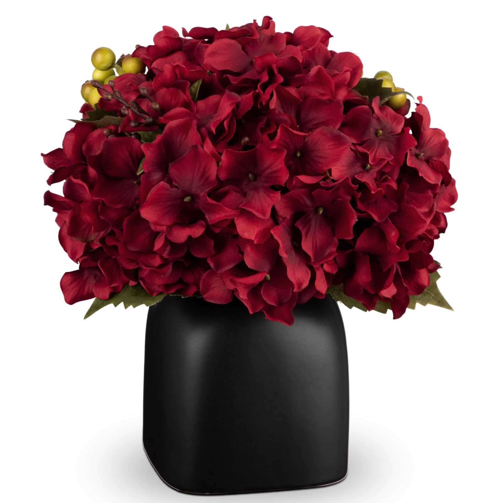 Hydrangea Artificial Flowers in Ceramic Black Vase, Burgundy Silk Hydrangea C…