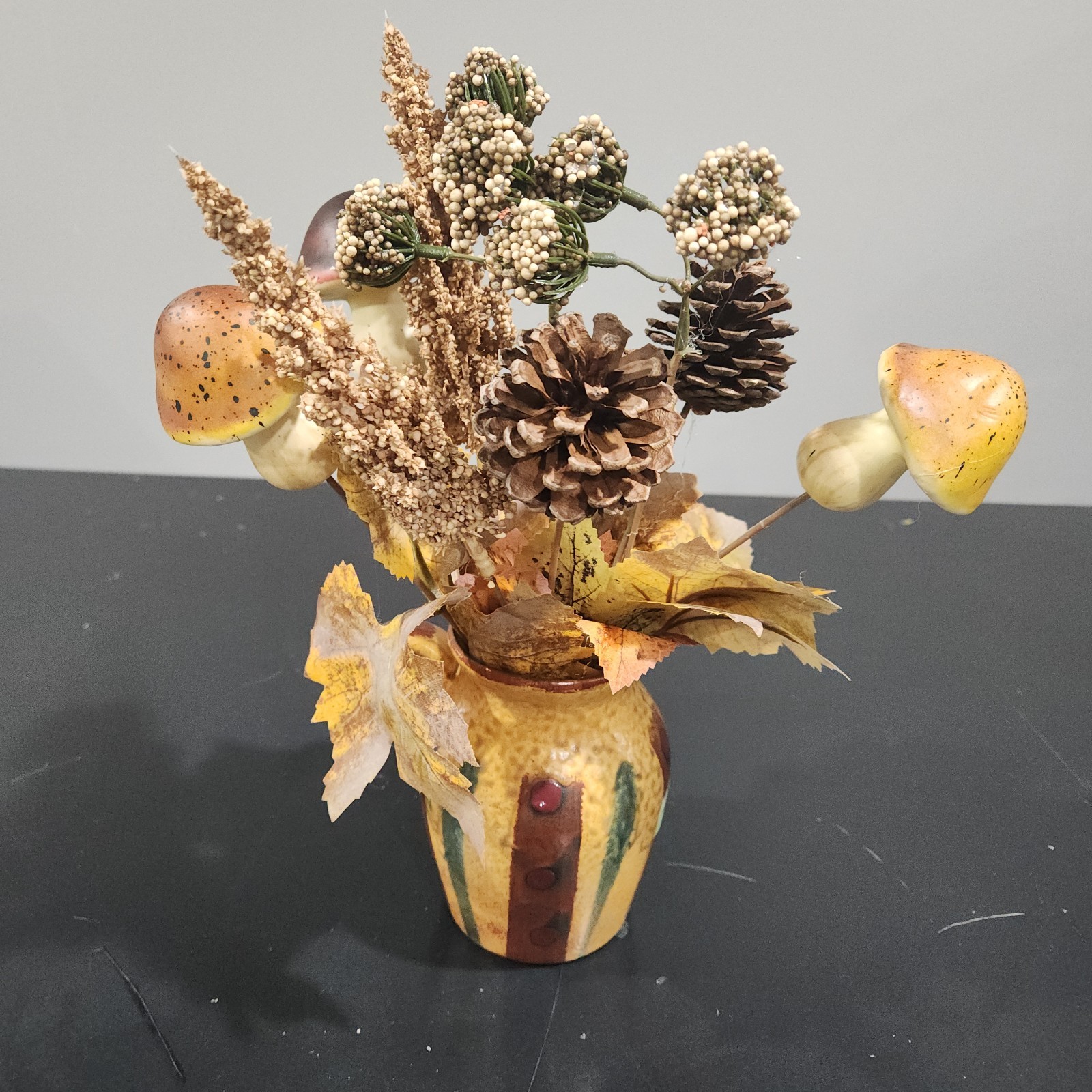 Vtg Vase Creamer Pottery Faux Retro Floral Arrangement Cones Mushroom Fall 12″