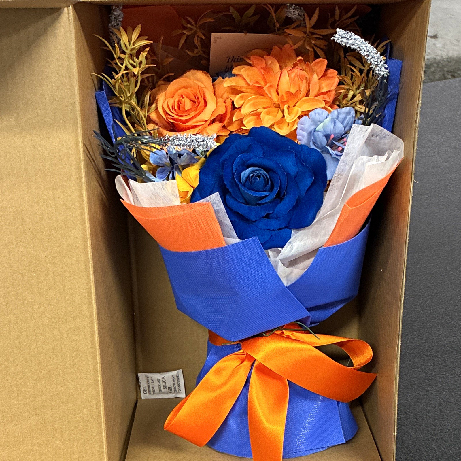 Artificial Rose Flower Bouquet Arrangement & Centerpiece in Gift Box Blue Orange