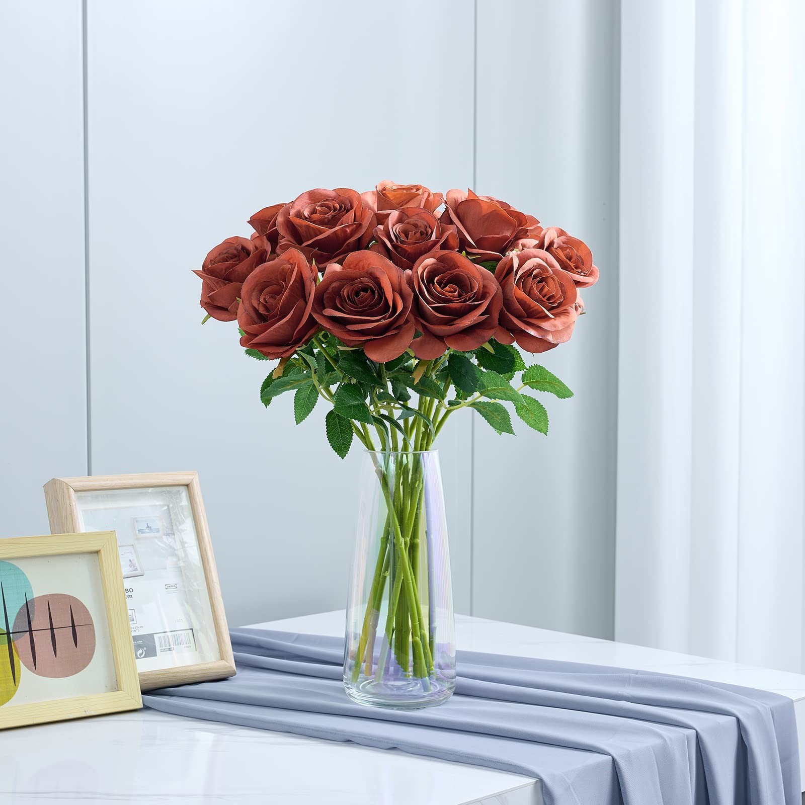 12pcs Rust Orange Rose Artificial Flowers Faux Roses Silk Roses Orange Silk F…