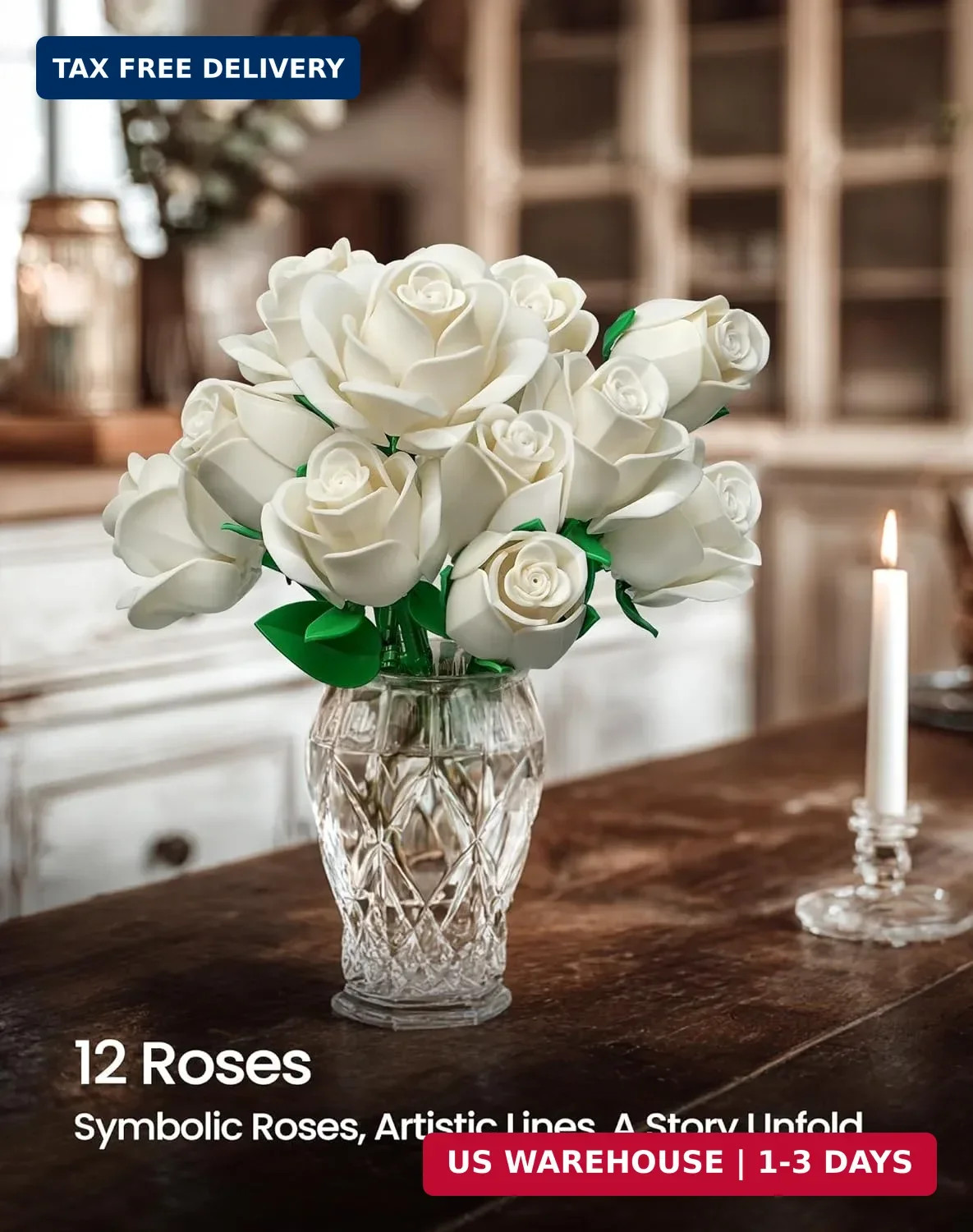 White Rose Bouquet Building Set 12PCS Botanical Flowers Home Decor Gift