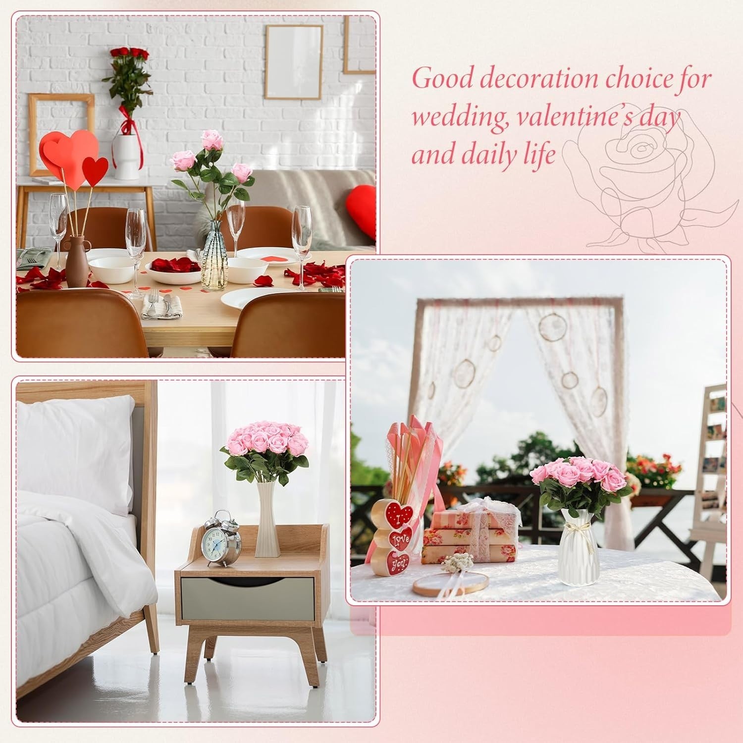 20 Pcs Artificial Rose Flowers with Long Stem, Pink