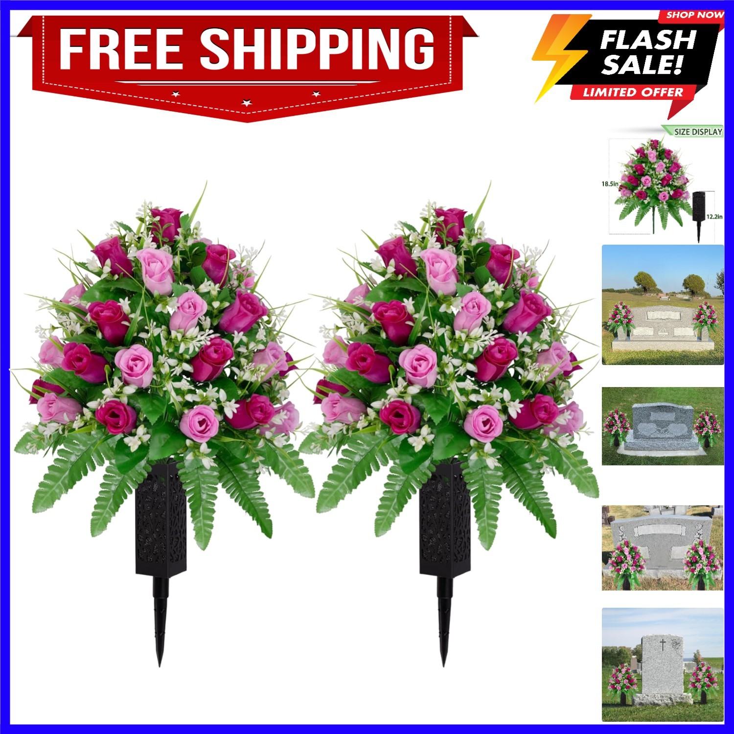 2 Sets Artificial Cemetery Flowers, Purple and Pink Realistic Roses Bouquet, …