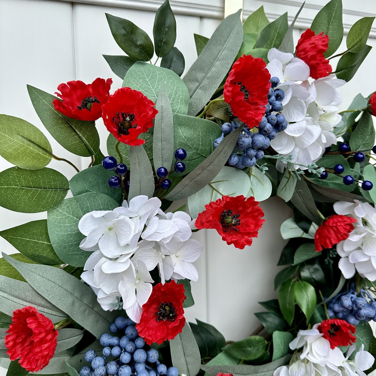 Hydrangea, Red Poppy, Blueberry,and Ficus 22” Wreath