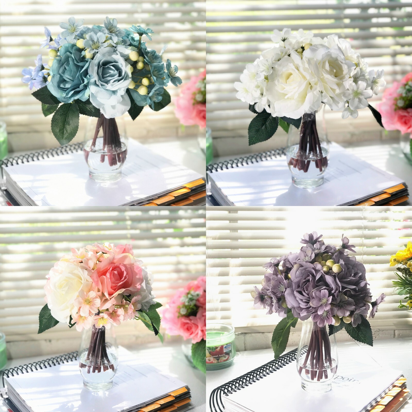 Silk Rose Mixed Artificial Flower Arrangement Centerpiece Glass Vase Faux Water