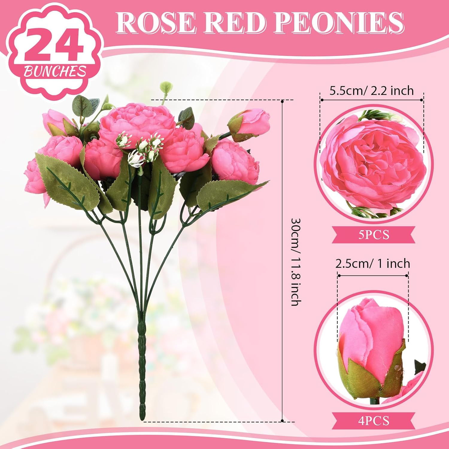 Hot Pink Silk Peony Flowers – 24 Bundles for Wedding & Party Decor