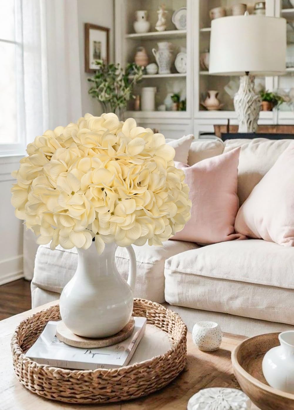 6 Pcs Beige Hydrangea Artificial Flowers Heads with Stems Silk Faux Hydrangea…