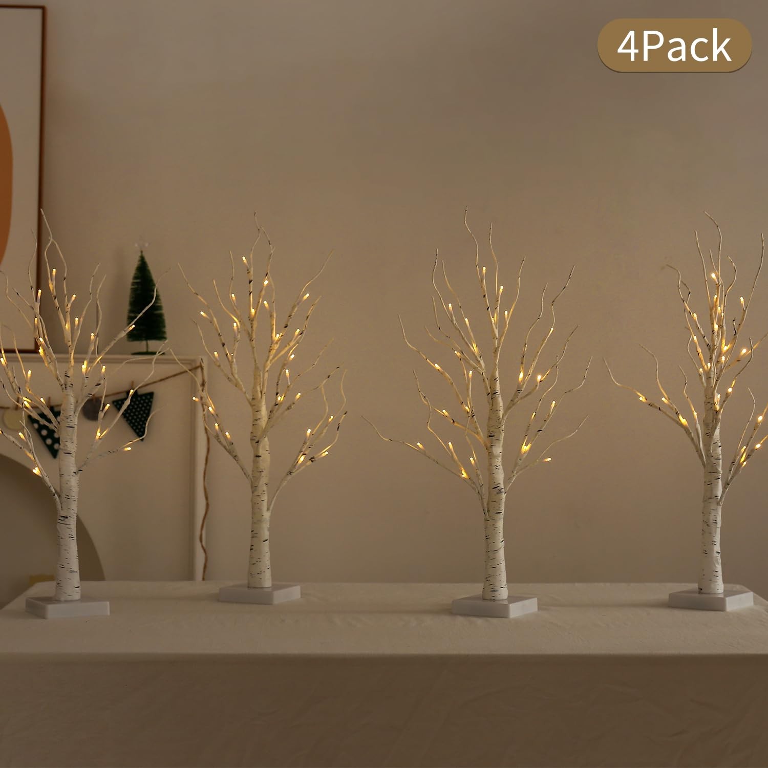 4 PCS Lighted Birch Tree 2 Ft Indoor Battery Operated Artificial 24 LEDs