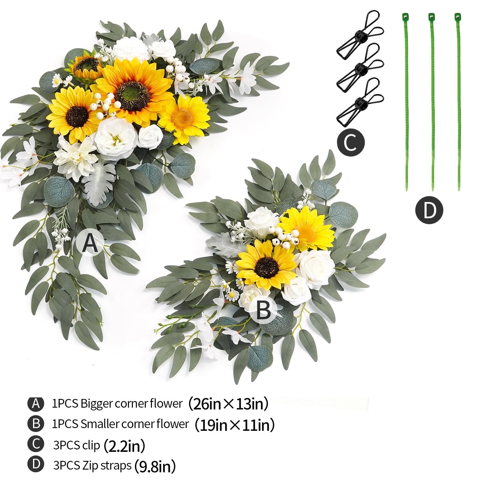 2 PCS Faux Sunflower & White Floral Swag Wedding Welcome Sign Ceremony Decor