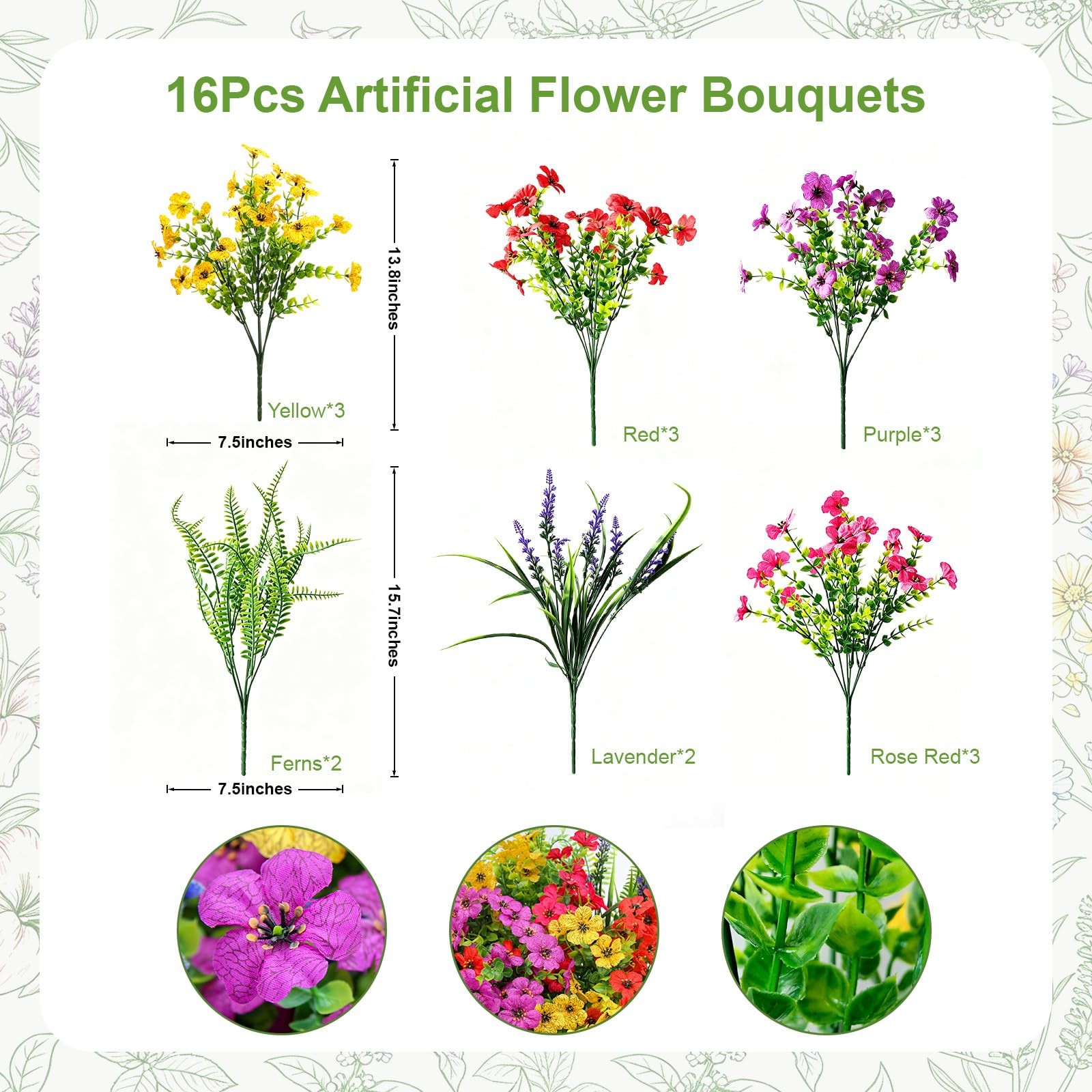 Artificial Fake Flowers for Outdoor UV Resistant,16 Bundles Silk Outside Plan…