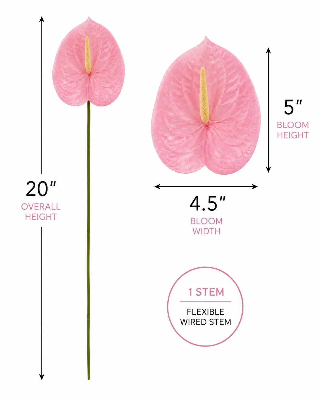 Pink Real Touch Anthurium Stem 20 Inch Faux Tropical Flower Artificial Blush Flo