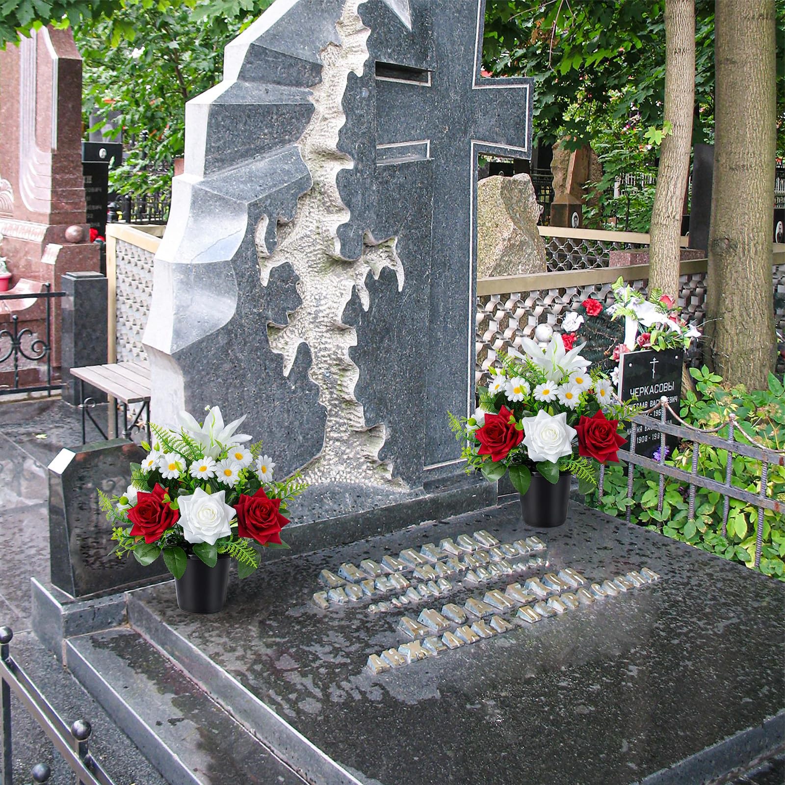 Artificial Grave Flowers in Pots, Artificial Rose Lily Daisy Memorial Flowers…