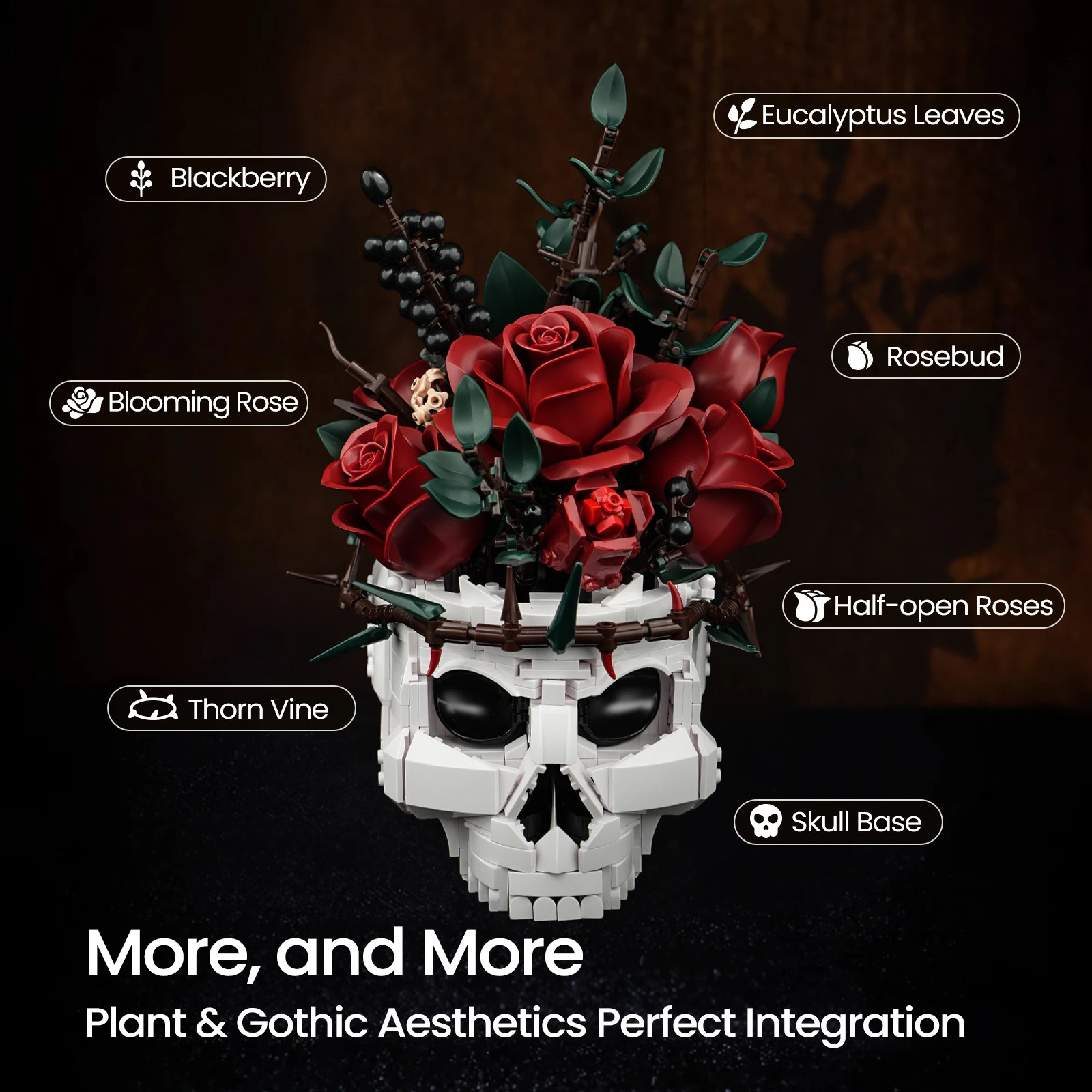Skull Roses Bouquet Building Set Skeleton Flowers Plant Pot Blocks Horror Gothic