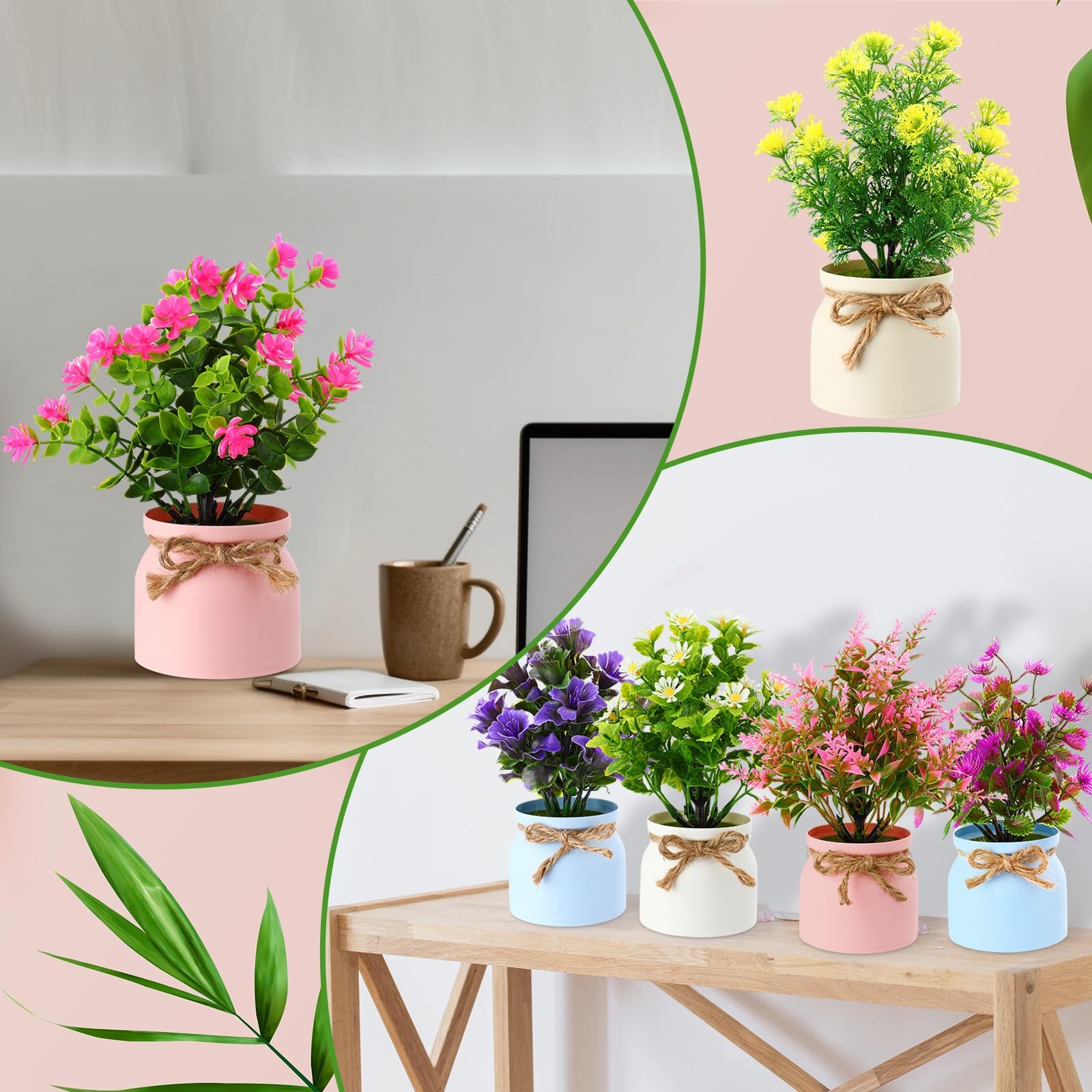 8 Pcs Artificial Potted Flowers 3×8 Inch Faux Small Plants Macaron Pot