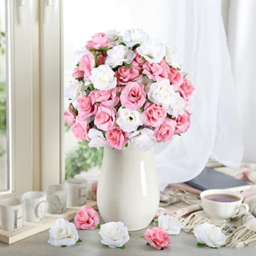 50pcs Mini Rose Artificial Flower Heads, 1.6” Real 1.57 Inch Pink and White